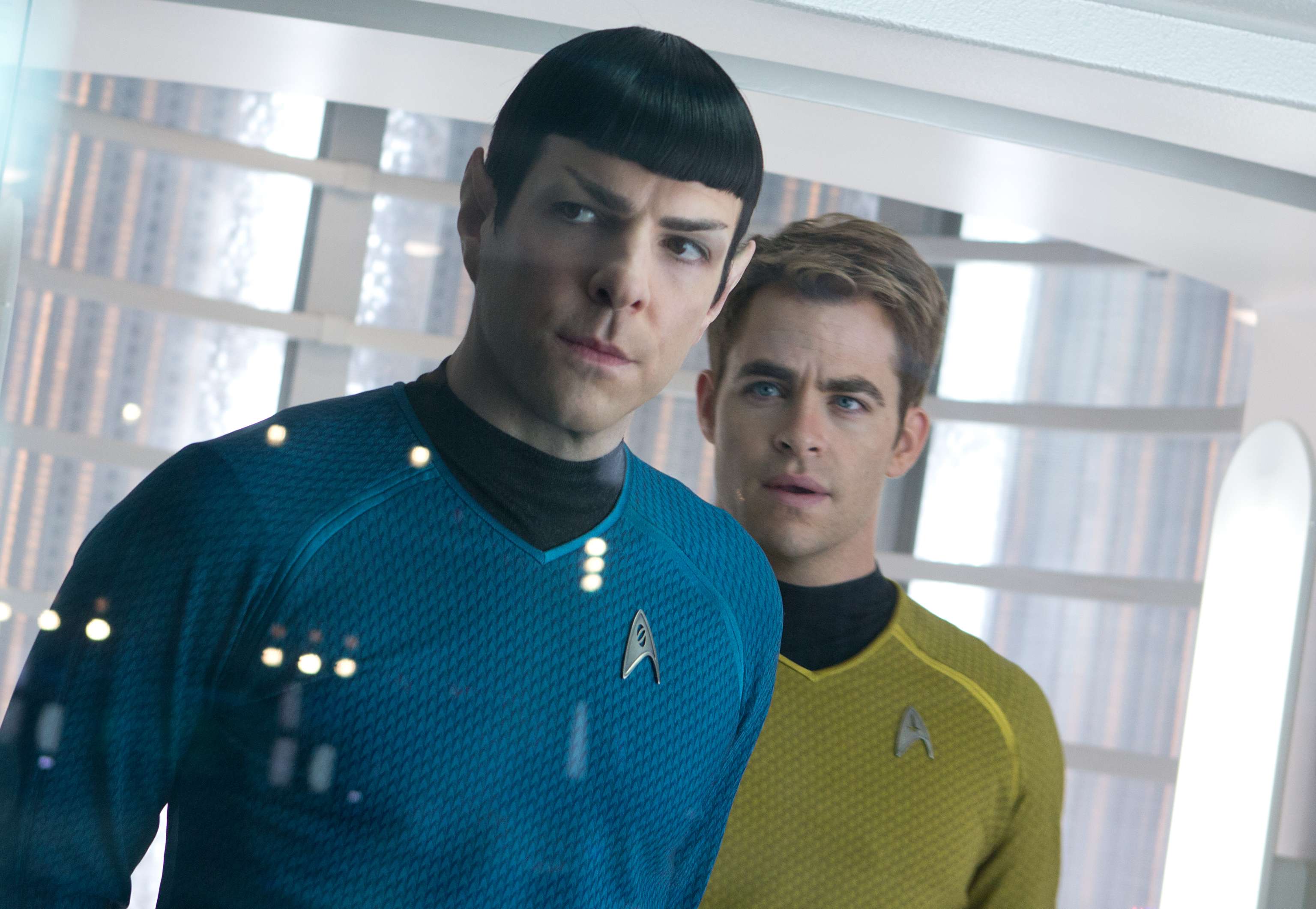 A movie still from the 2013 sci-fi action film ‘Star Trek Into Darkness’, showing Spock (left), played by Zachary Quinto, and Captain James T. Kirk, played by Chris Pine.