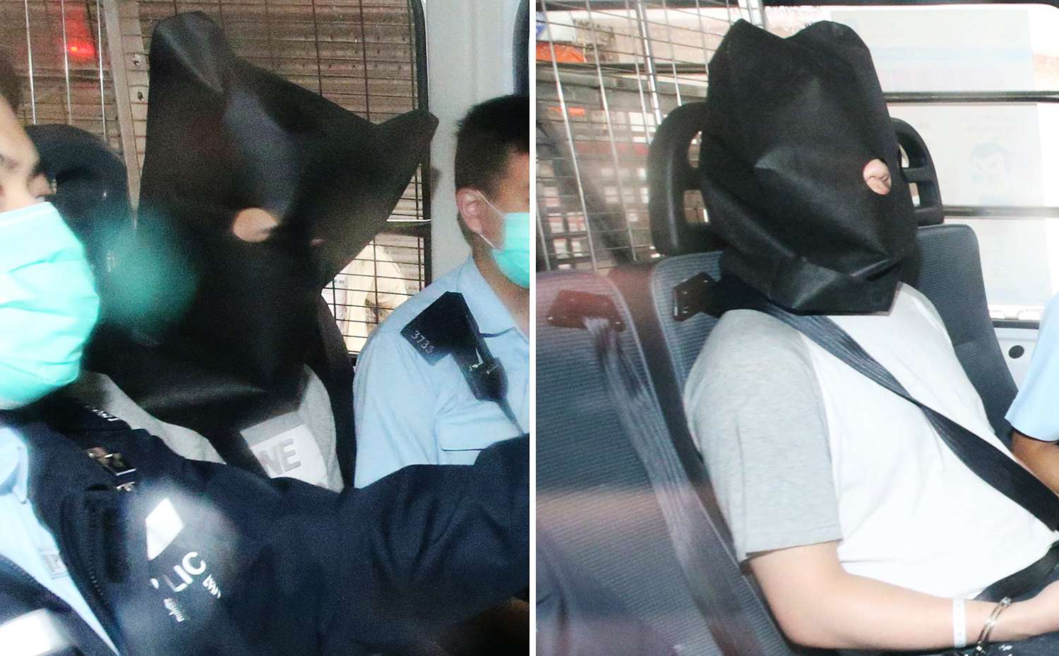 Two suspects in the body-in-cement murder case as they were taken to Tsuen Wan Court on Thursday. Photo: David Wong