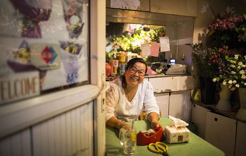 Zhao Shiling at her flower shop on Changle Road in Shanghai. Photo: Yang Shenlai
