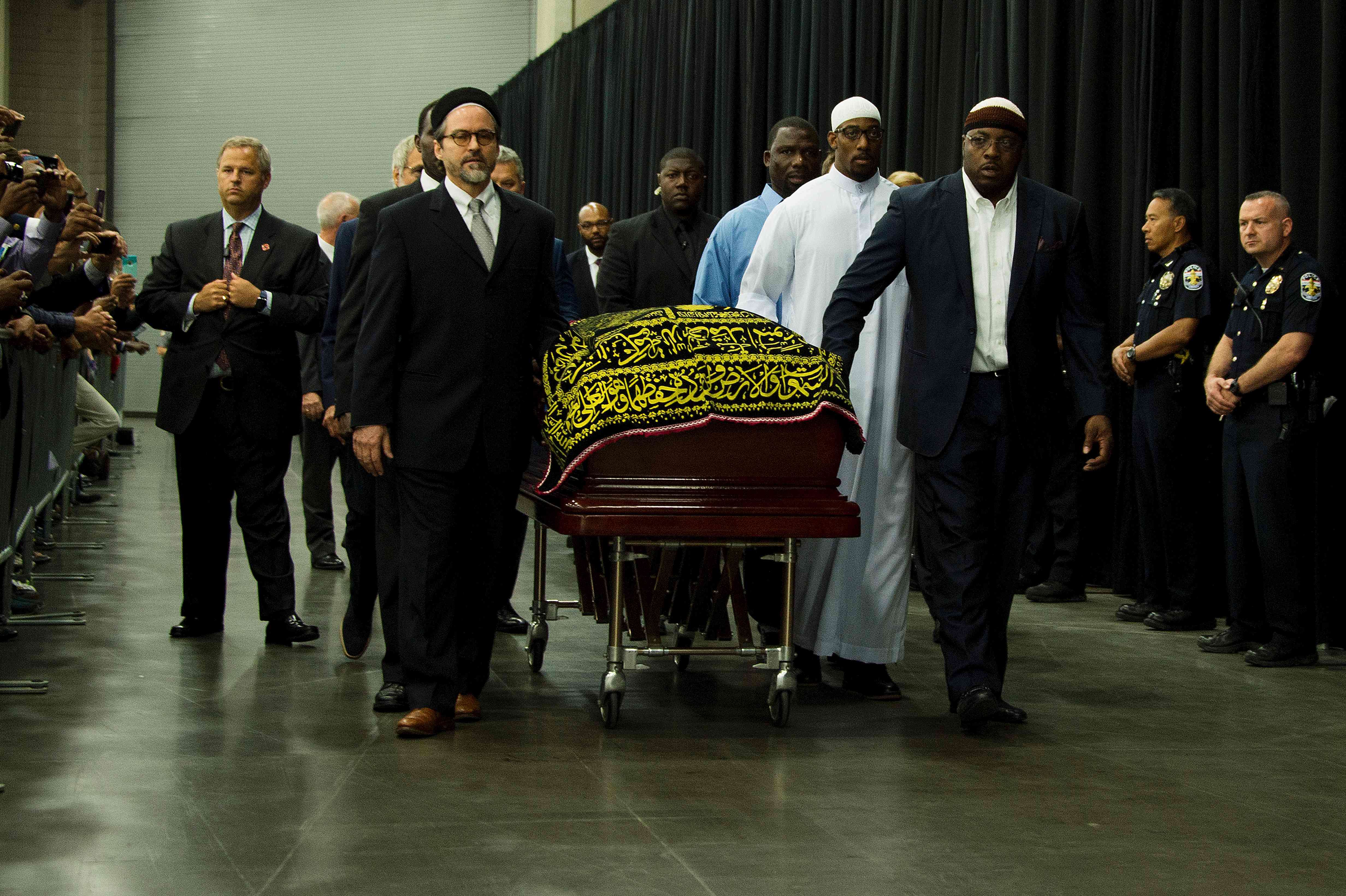 Pallbearers escort the casket of boxing legend Muhammad Ali during the Jenazah Muslim prayer service at Freedom Hall in Louisville, Kentucky, on Thursday. Photo: AFP