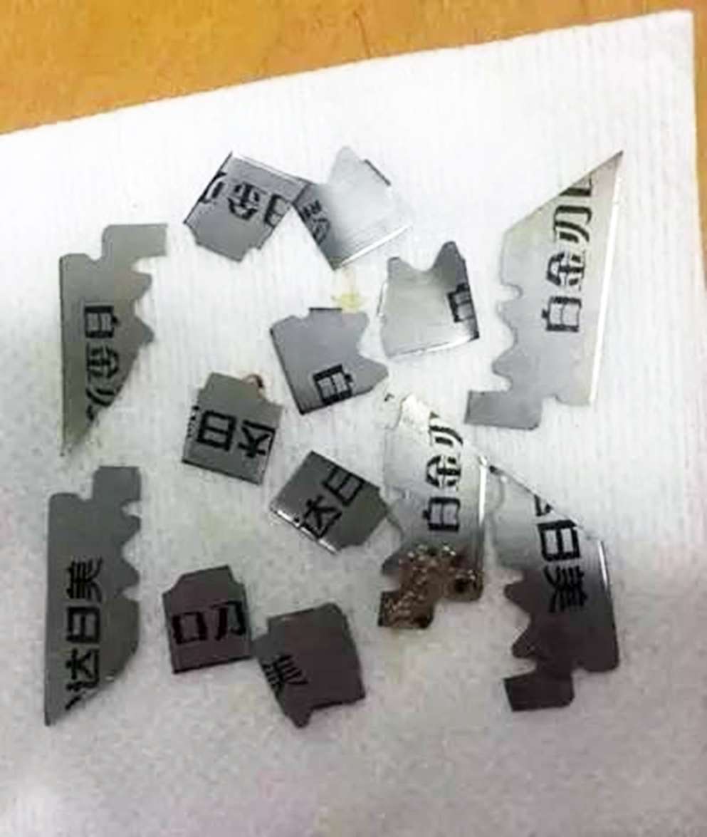 Fragments of the razor blades that doctors removed from the stomach of a Vietnamese expectant mother, who swalloêwed them after a row with her Chinese husband’s parents. Photo: SCMP Pictures