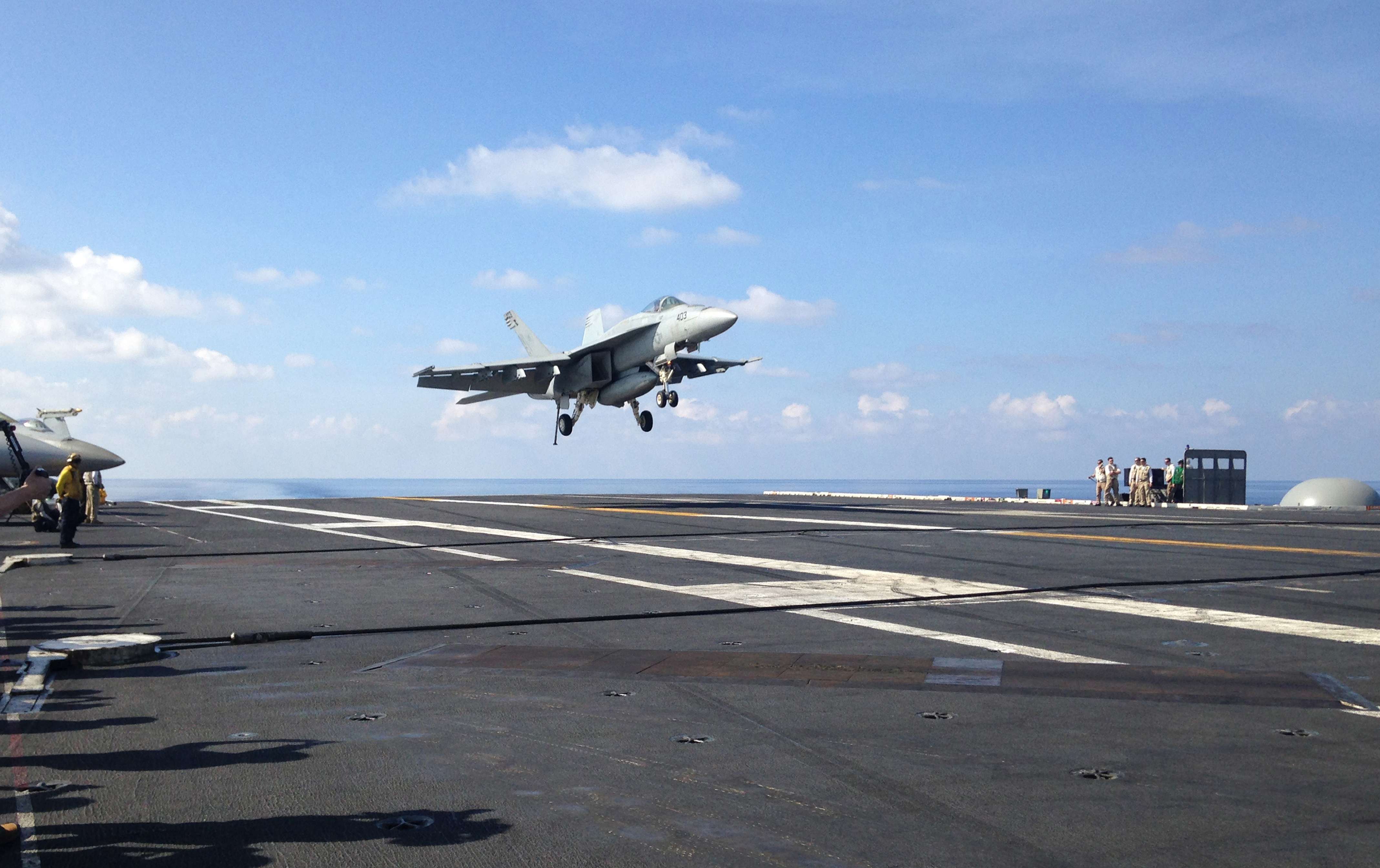 A file picture of a jet landing on the USS John C. Stennis aircraft carrier while on patrol in the South China Sea. Photo: AP