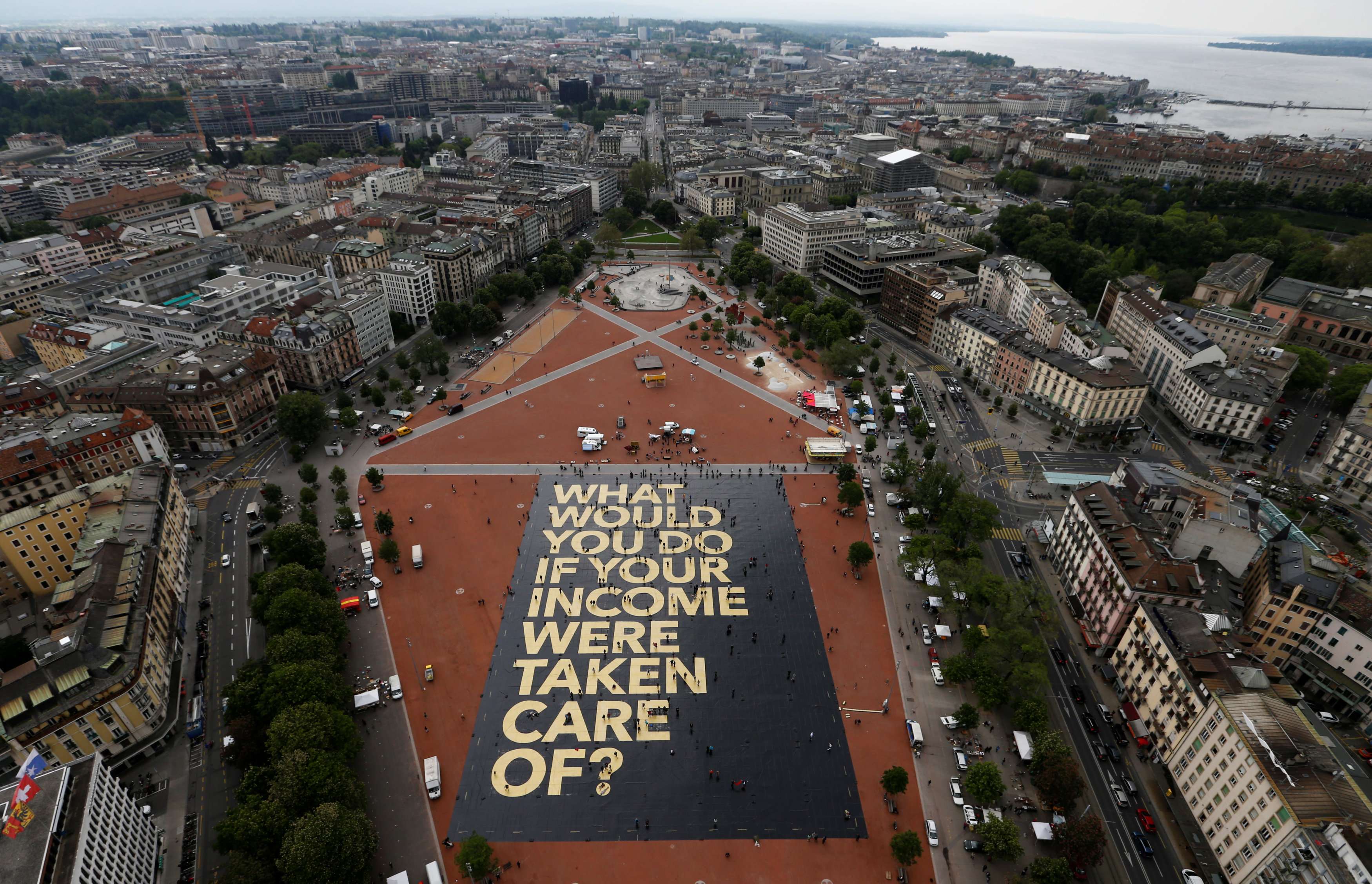 An 8,000-square-metre poster on display in Geneva, Switzerland, ahead of a vote on whether to adopt an unconditional basic income. Picture Reuters