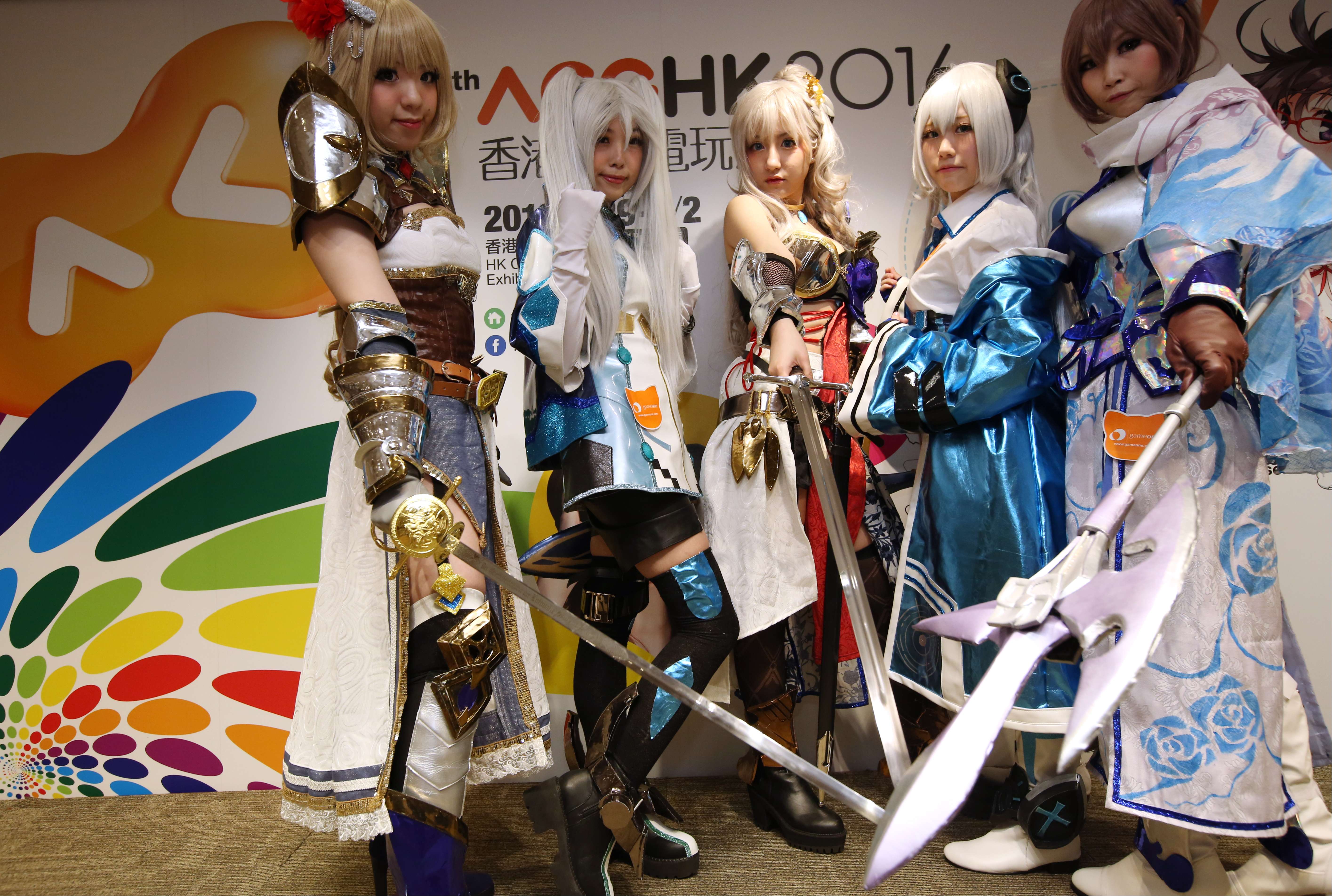 Cosplayers (left to right) Risa, Natsuko, Ameki, Achung, and Kanako, at a press conference announcing the launch of this year's Ani-Com & Games Hong Kong. Photo: Nora Tam