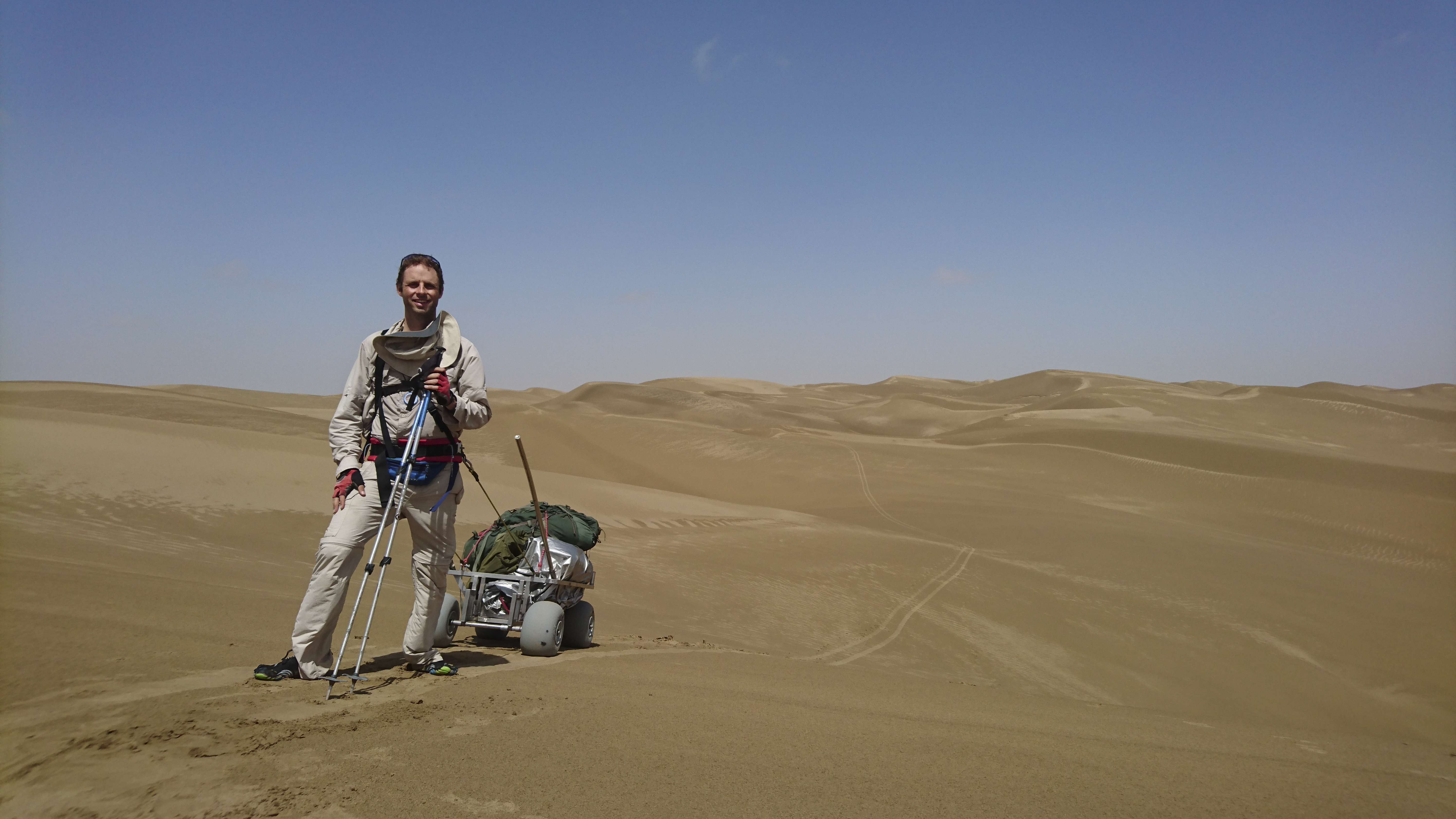 Rob Lilwall with his cart on a reconnaissance trip in Taklamakan, Xinjiang province.