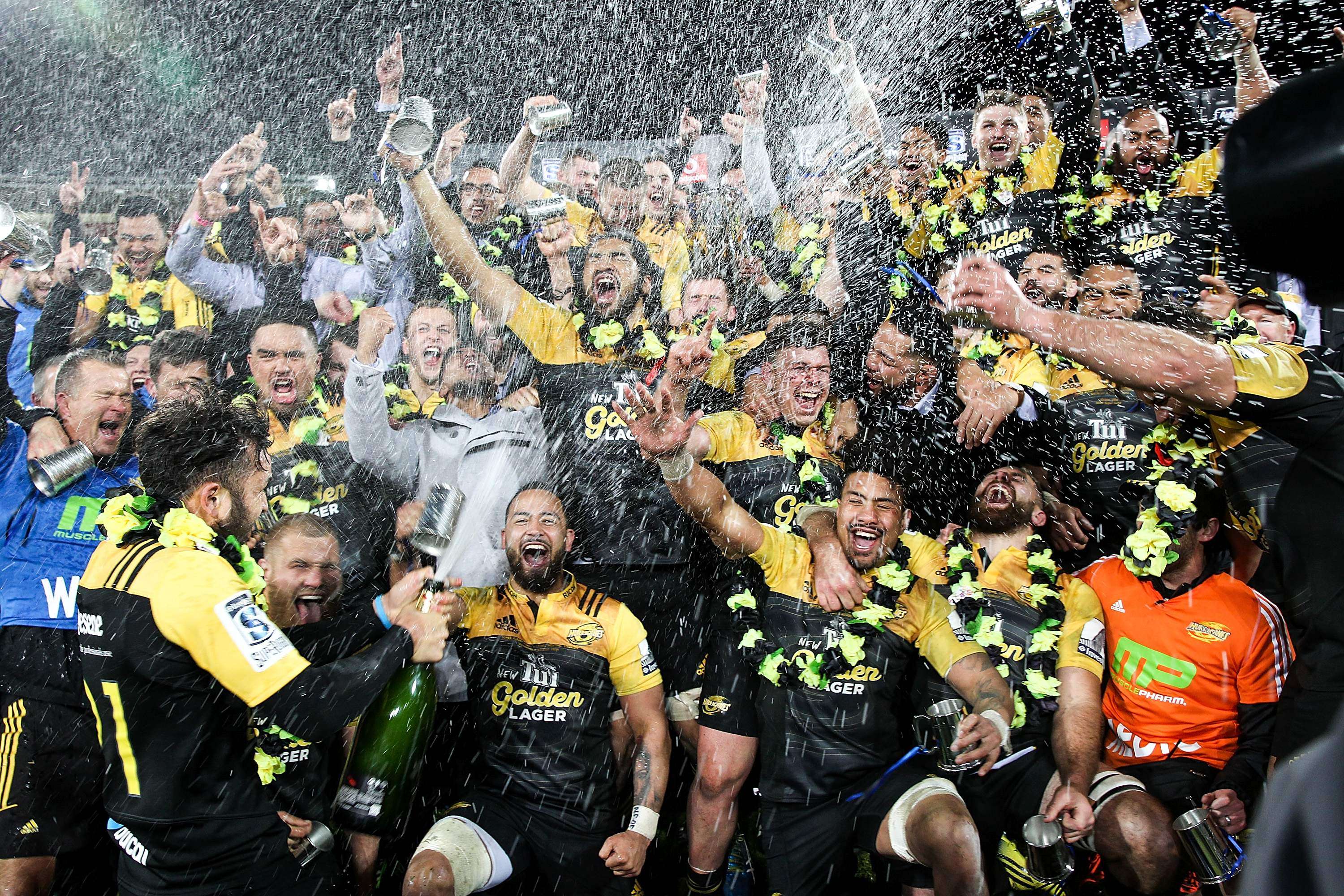 New Zealand's Hurricanes celebrate victory in the Super Rugby final last month. Photo: AFP