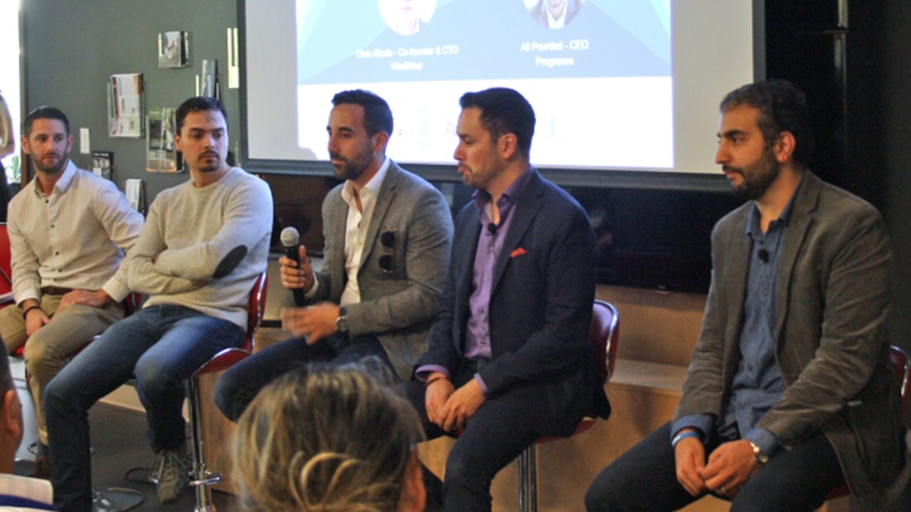 From left, Trulioo’s Zac Cohen, Wealthbar’s Chris Nicola, Conconi Growth Partners’ Hashem Aboulhosn, Payfirma’s Michael Gokturk and Progressa’s Ali Pourdad attend Vancouver Start-up Week to discuss how their financial technology companies are collaborating and competing with the incumbents.