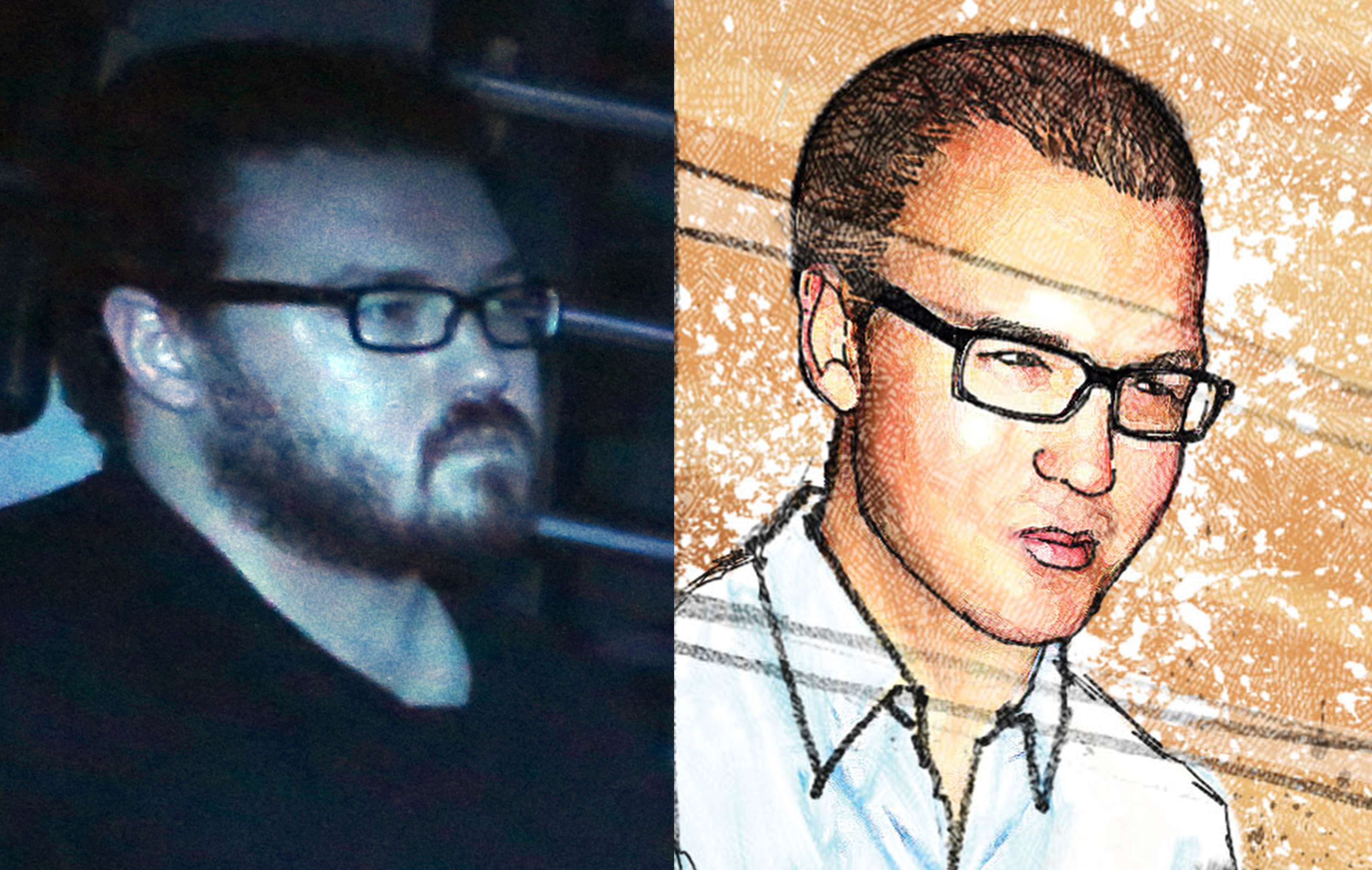British banker Rurik Jutting in 2014 (left) and in court on Tuesday (right). Photo: Sam Tsang. Drawing: Henry Wong