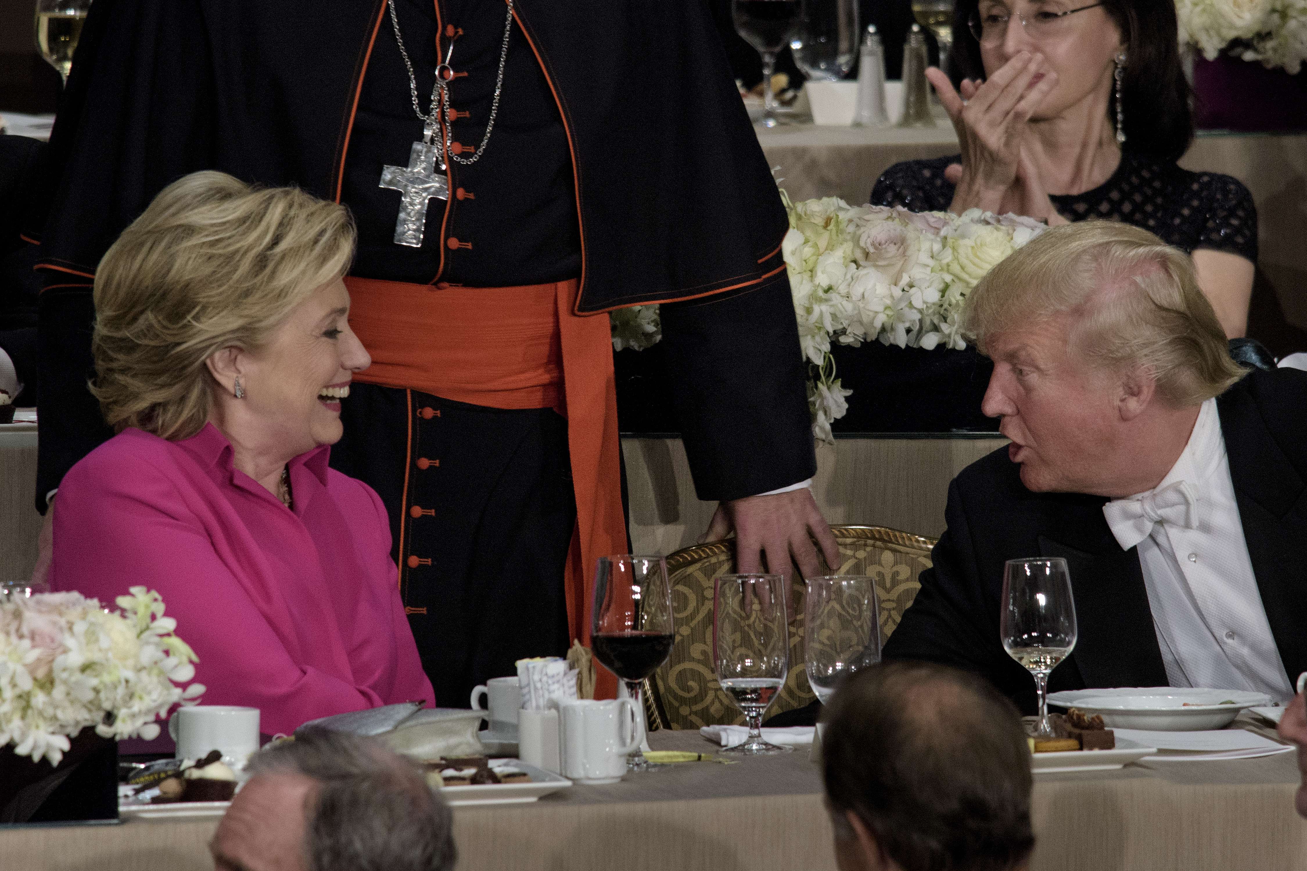 Democratic presidential nominee Hillary Clinton and Republican presidential nominee Donald Trump attend the Alfred E. Smith Memorial Foundation Dinner at New York’s Waldorf Astoria. Photo: AFP