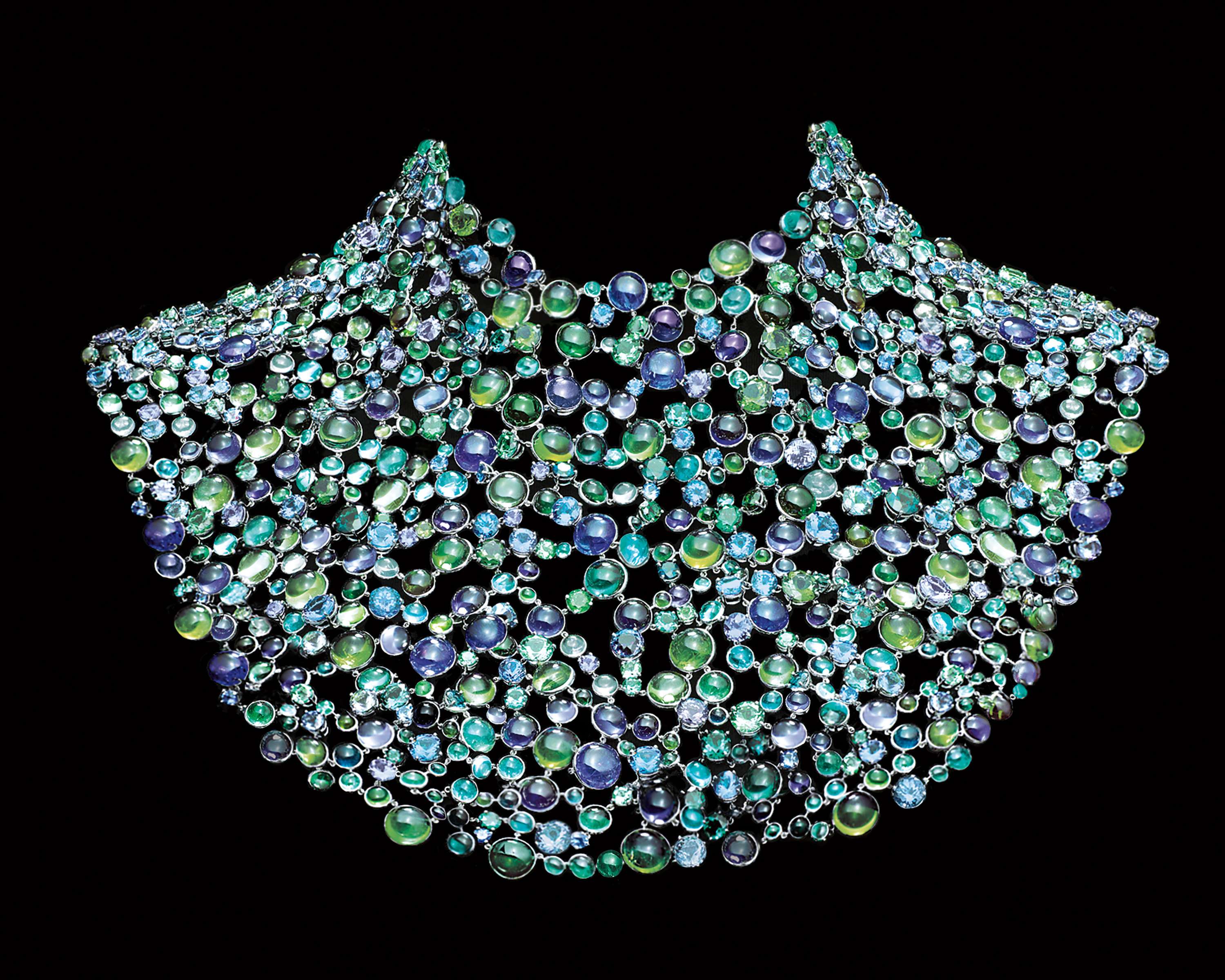 Necklace of cabochon and faceted green and blue tourmalines, tanzanites, iolites, apatites and sapphires, from the Tiffany Blue Book 2016 The Art of Transformation