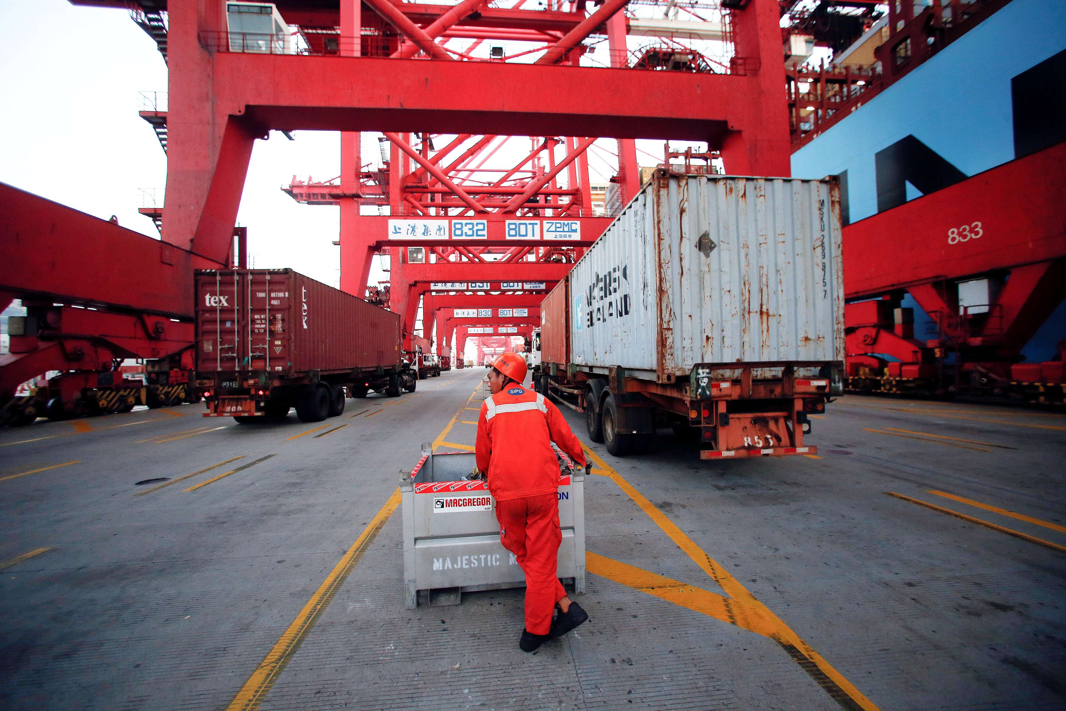 A worker at the Yangshan deep water port in the Shanghai free trade zone. Photo: Reuters