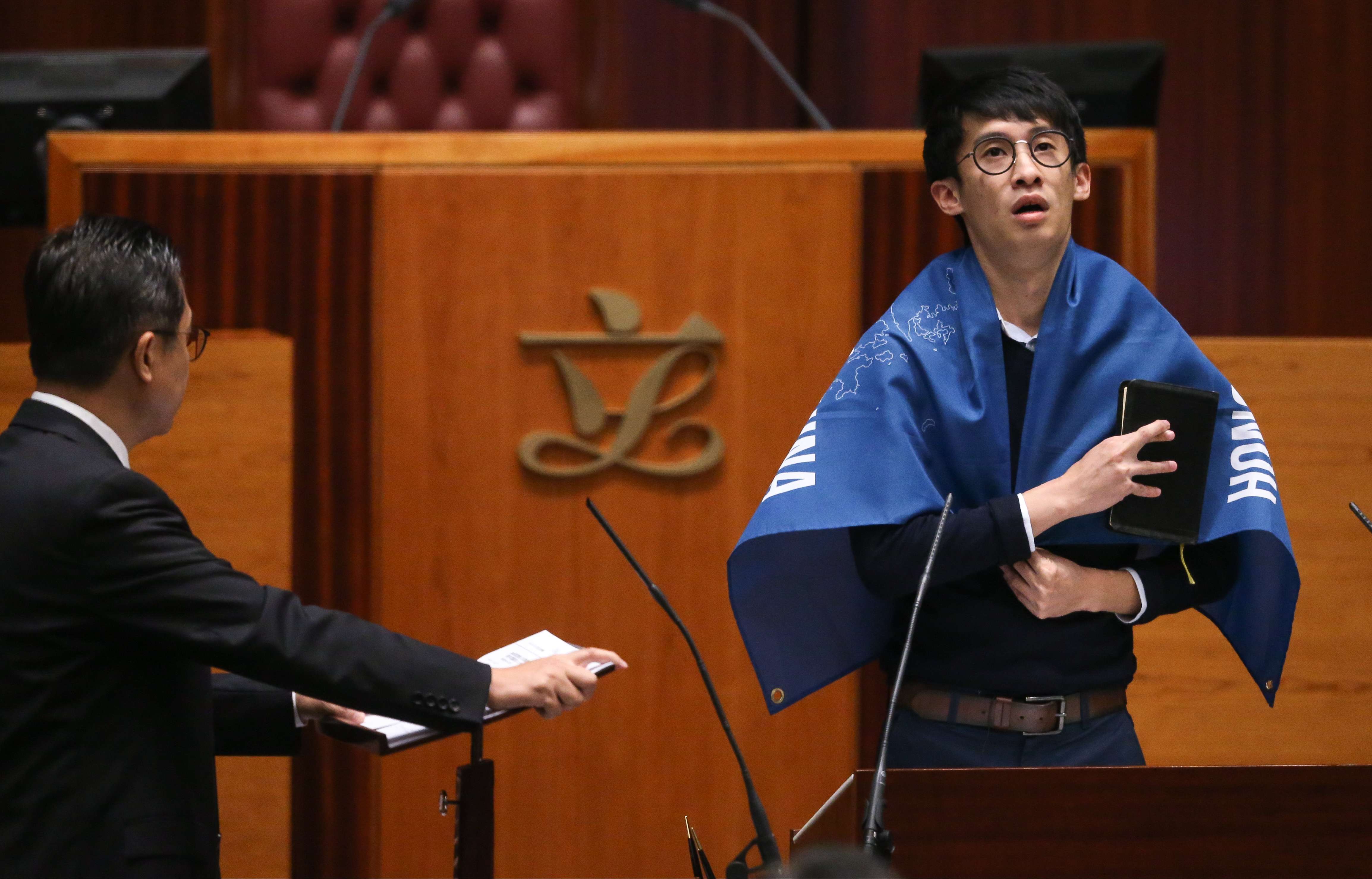 Sixtus Baggio Leung Chung-hang takes his oath in the Legislative Council on October 12. Photo: Sam Tsang