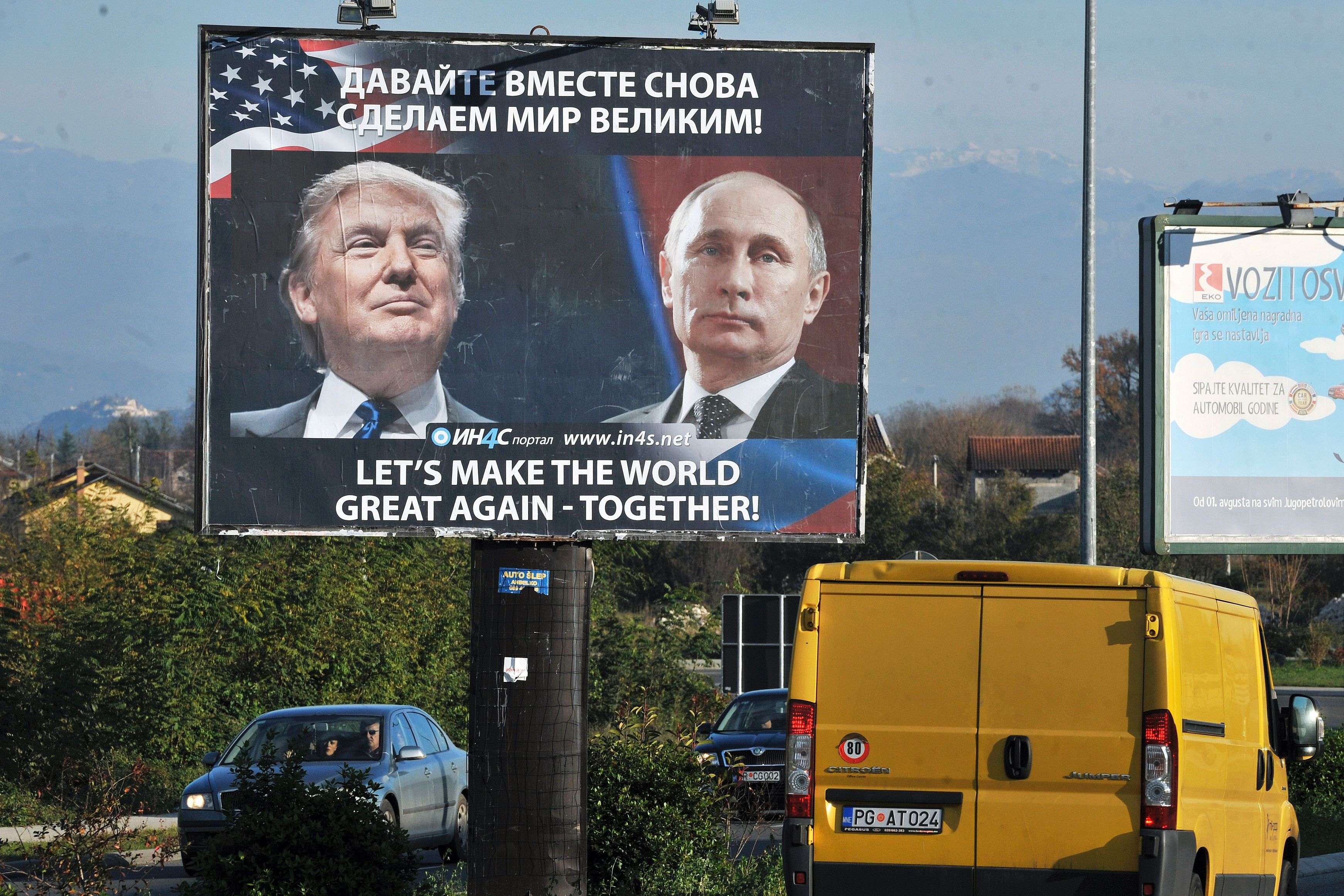 A billboard foresees US-Russia relations under US President-elect Donald Trump and Russian President Vladimir Putin, in the town of Danilovgrad, Montenegro, on November 16. The Kremlin has welcomed Trump’s victory. Photo: AFP