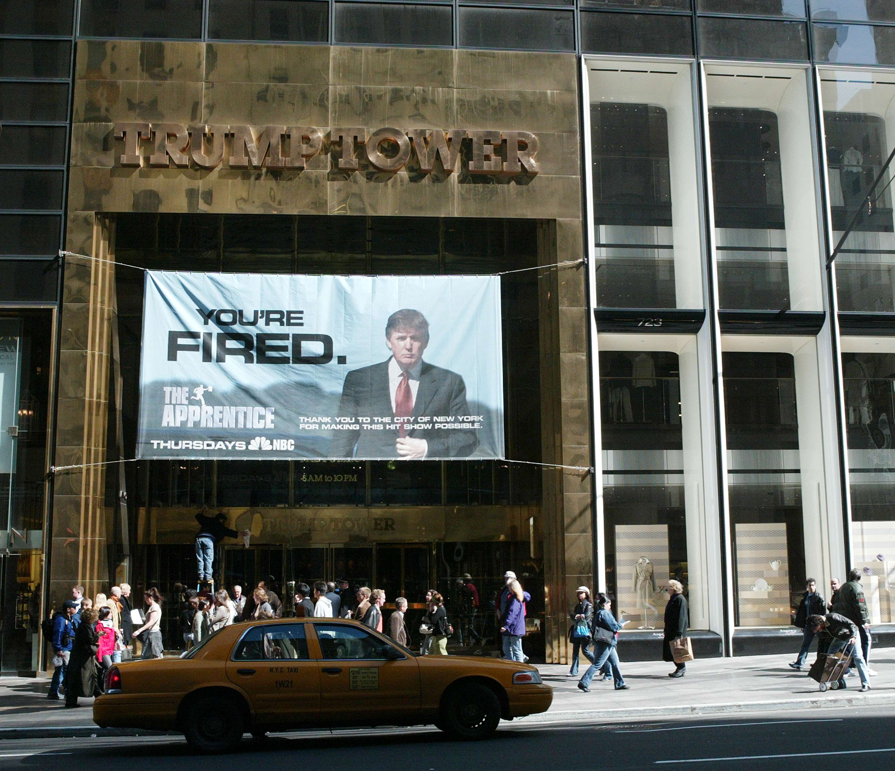 A sign advertising Donald Trump’s former reality television show ‘The Apprentice’ at Trump Towers in New York City. Photo: Getty Images