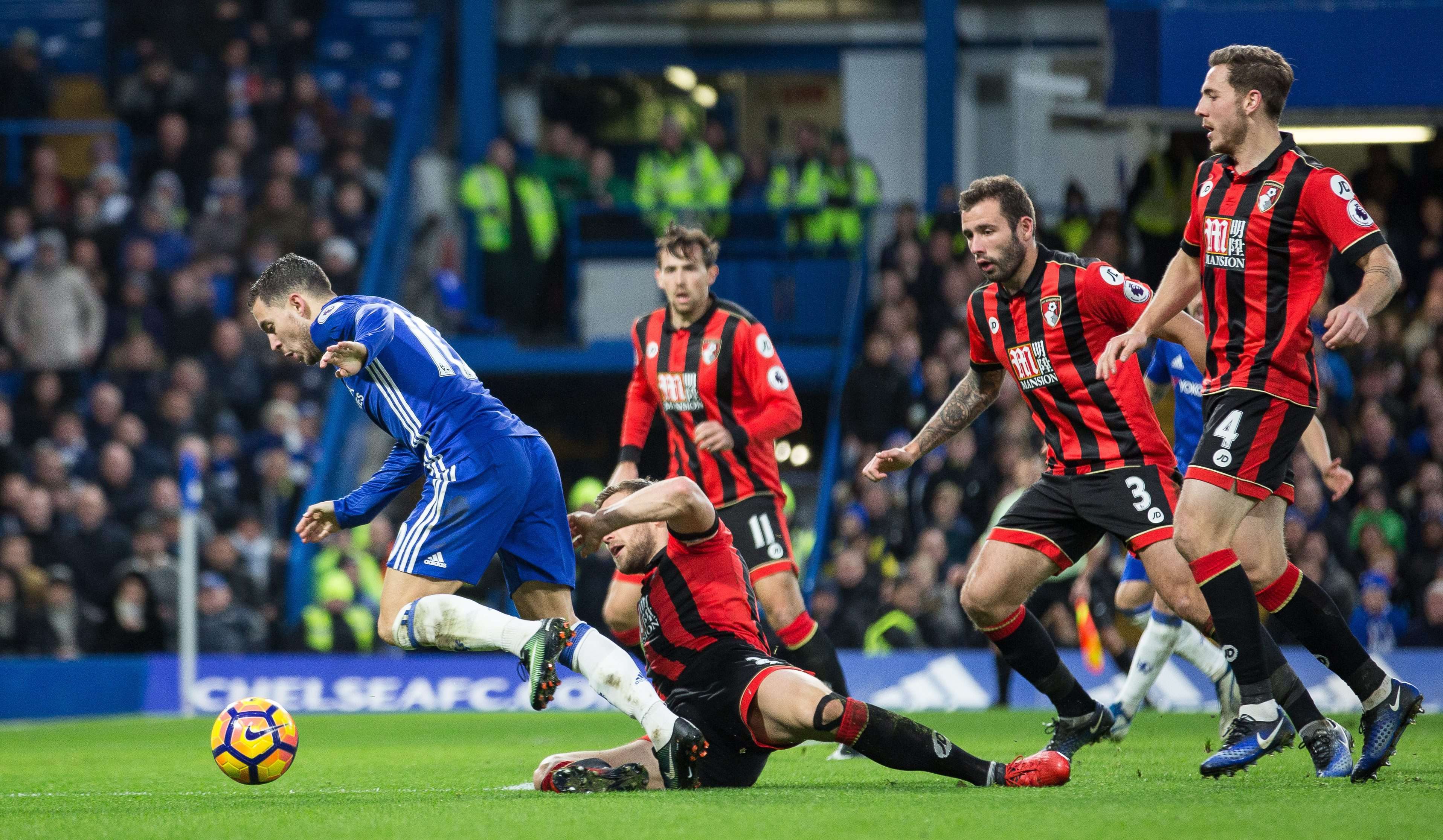 Chelsea's Eden Hazard (L) vies for the ball during the team’s 3-0 win against Bournemouth on December 26. It was one of six EPL games broadcast by LeSports HK to suffer an interruption in coverage. Photo: EPA