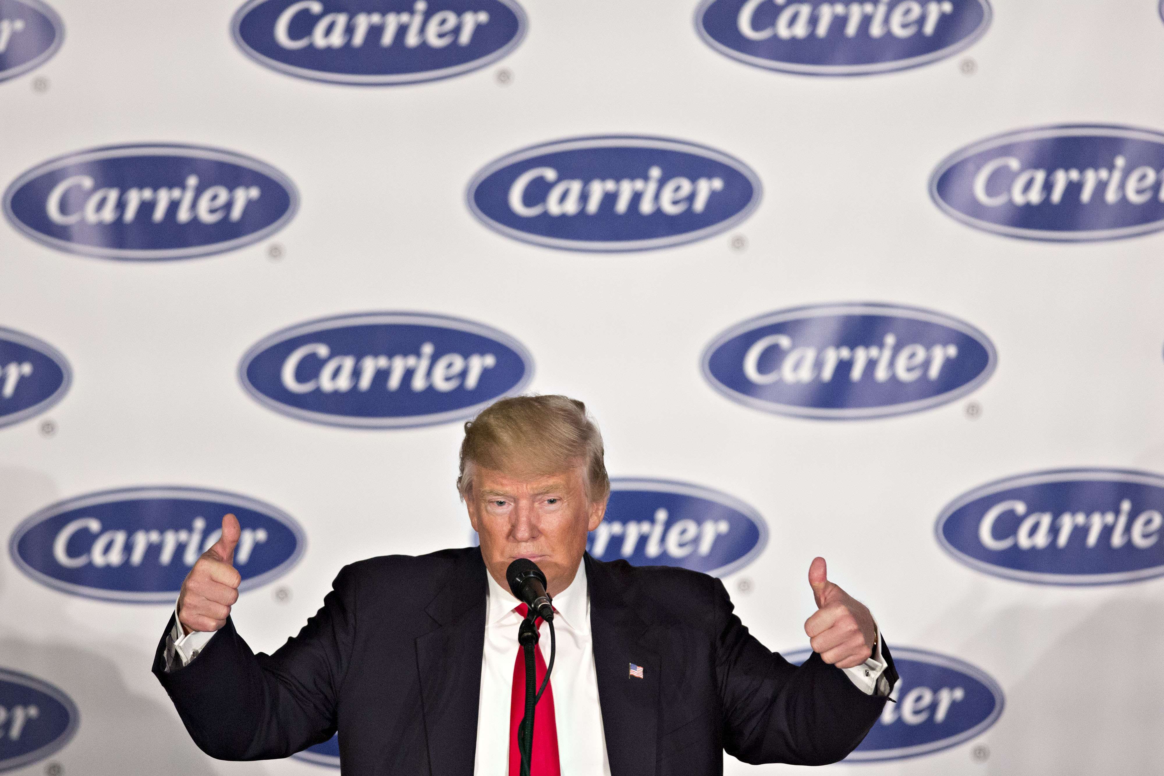 US President-elect Donald Trump speaks at Carrier Corp in Indianapolis, Indiana, on December 1. Trump worked out a deal to keep jobs at the Carrier manufacturing plant from being moved to Mexico, in keeping with his campaign promise to “make America great again”. Photo: Bloomberg