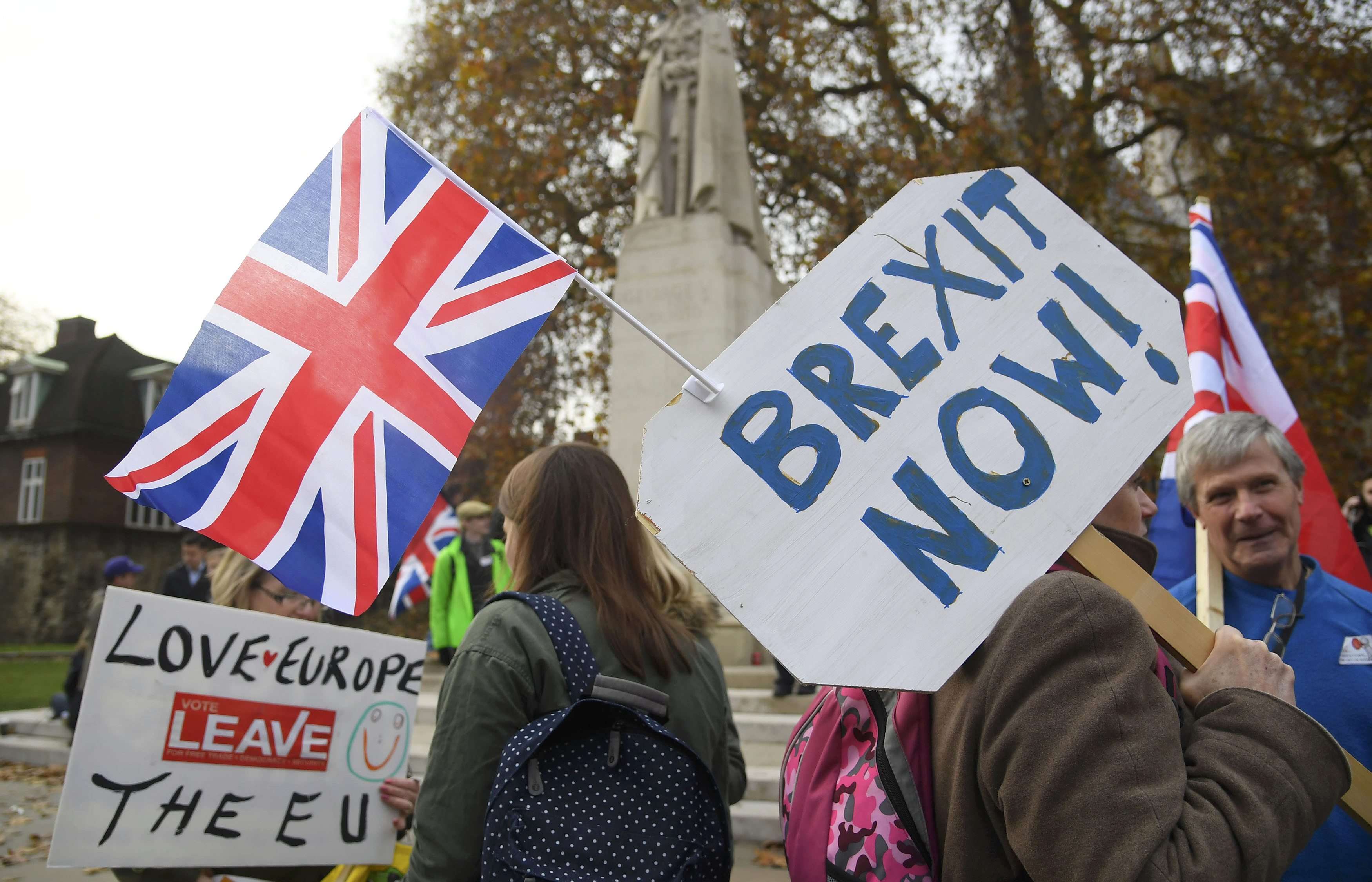 Demonstrators supporting Brexit protest outside the Houses of Parliament in London. Photo: Reuters