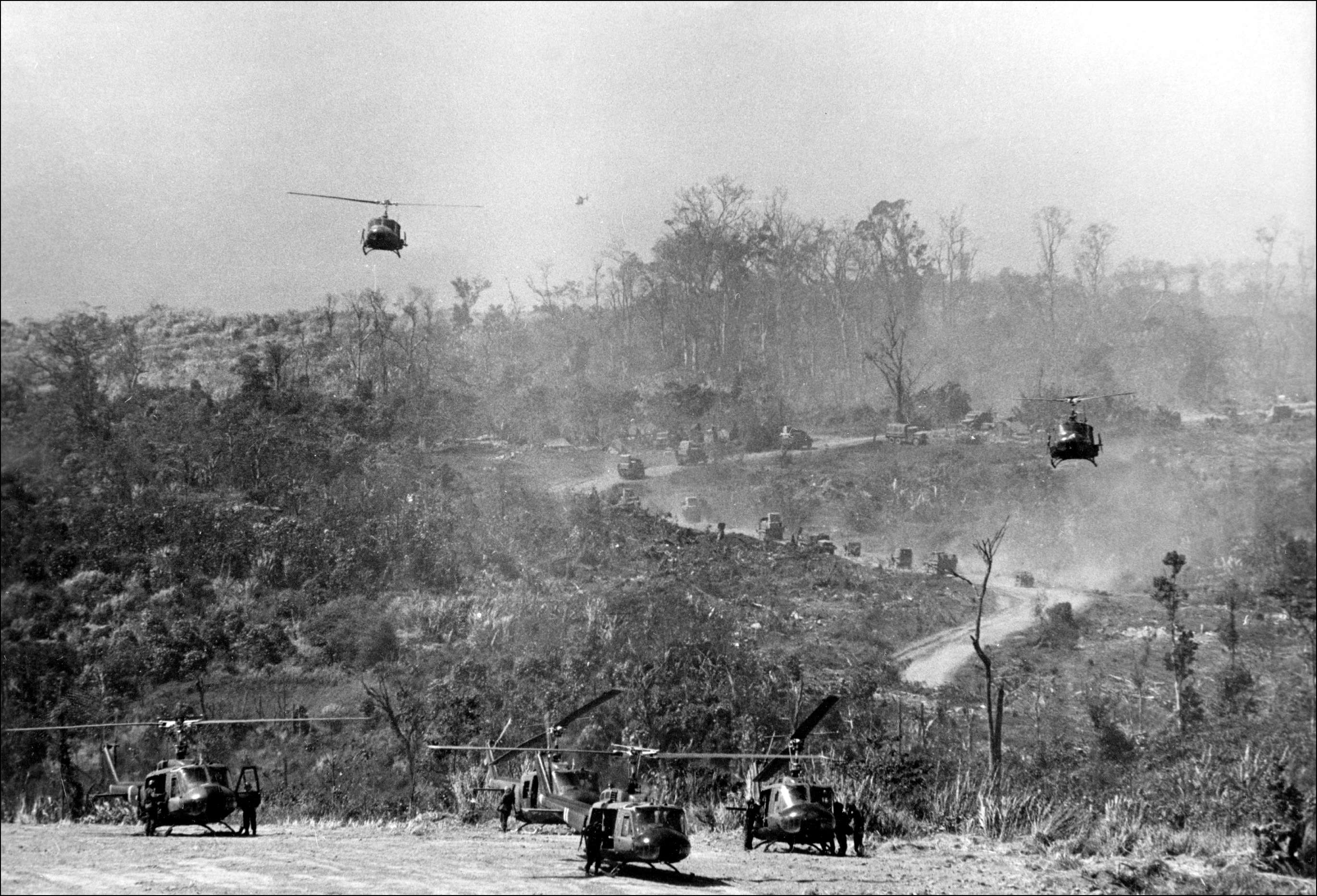 American helicopters land at Khe Sanh base, on the Laos border on February 1, 1971. Picture: AFP