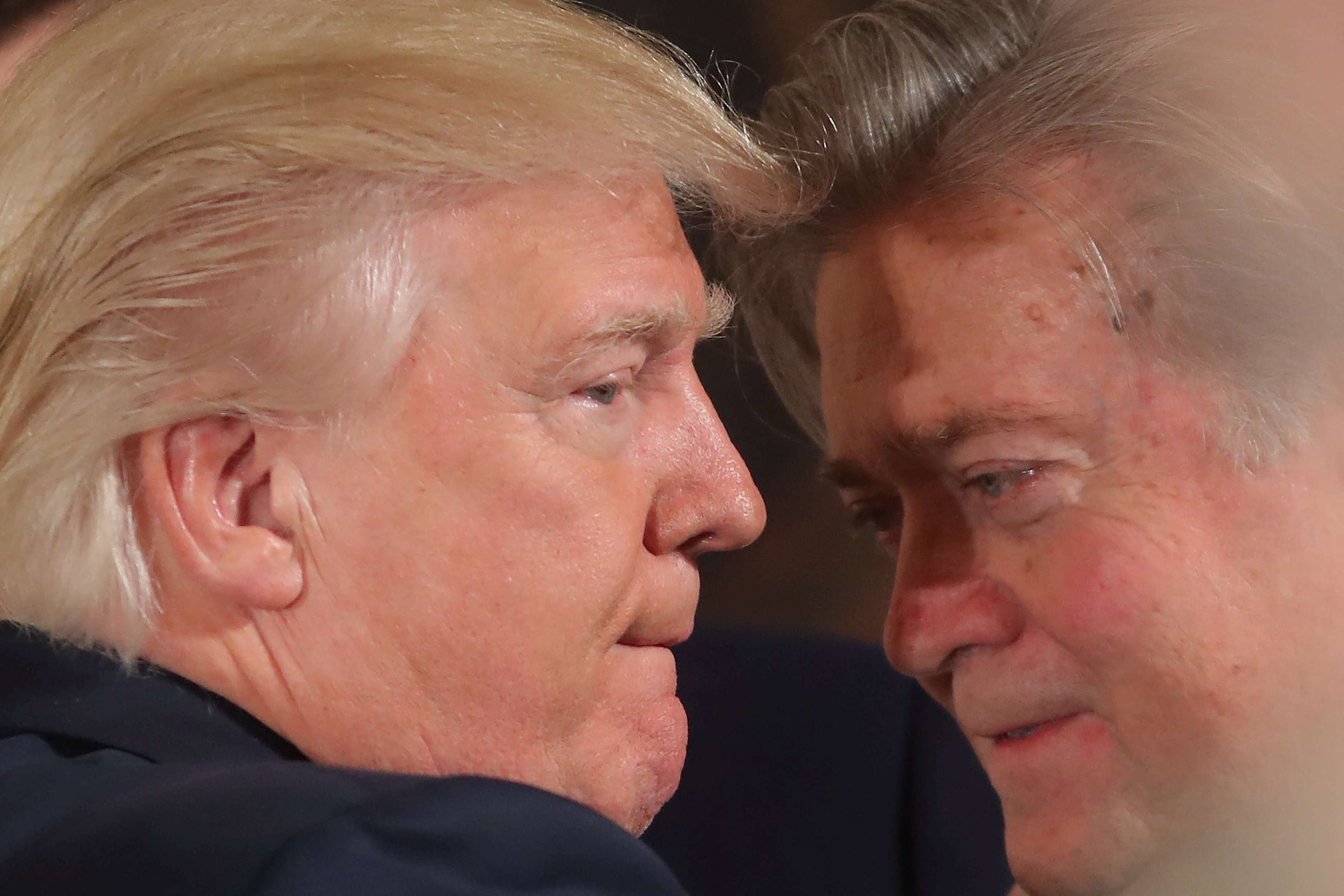 Donald Trump with top adviser Steve Bannon during a swearing-in ceremony for senior staff at the White House on January 22. Trump may appear gentle and combative by turns, but Bannon’s confrontational style is about to be applied to US foreign policy. Photo: Reuters