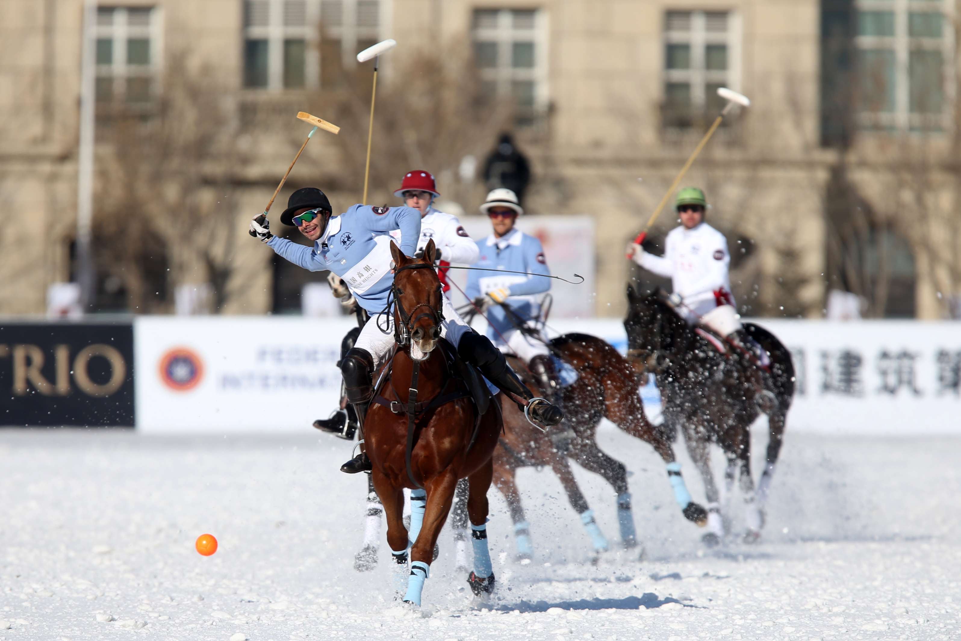 Players in action on day 3 of the Snow Polo World Cup 2015. Polo, one of the world’s oldest games, is also one of its fastest – a moving polo ball can travel up to 117 kilometres per hour – and one of the world’s most dangerous