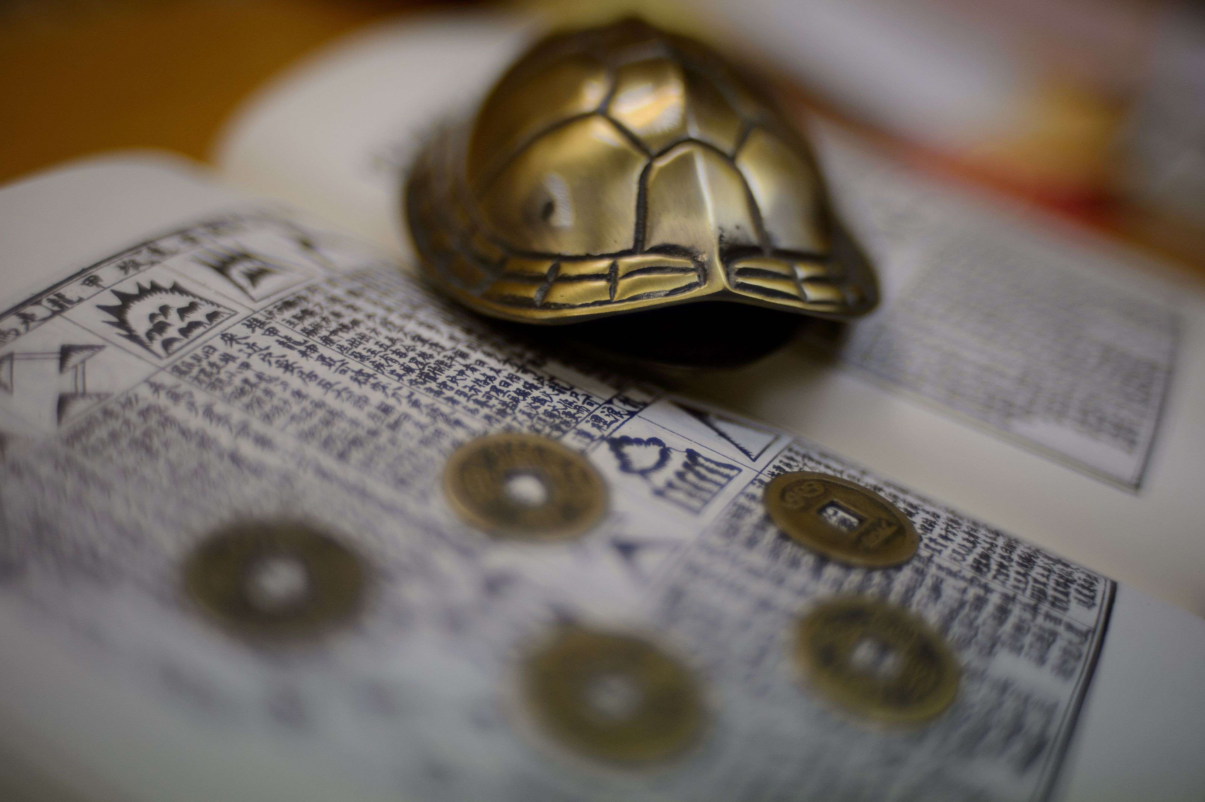 A metal turtle shell and Chinese coins that are used for predictions are seen in the office of a Hong Kong feng shui practitioner. Photo: AFP