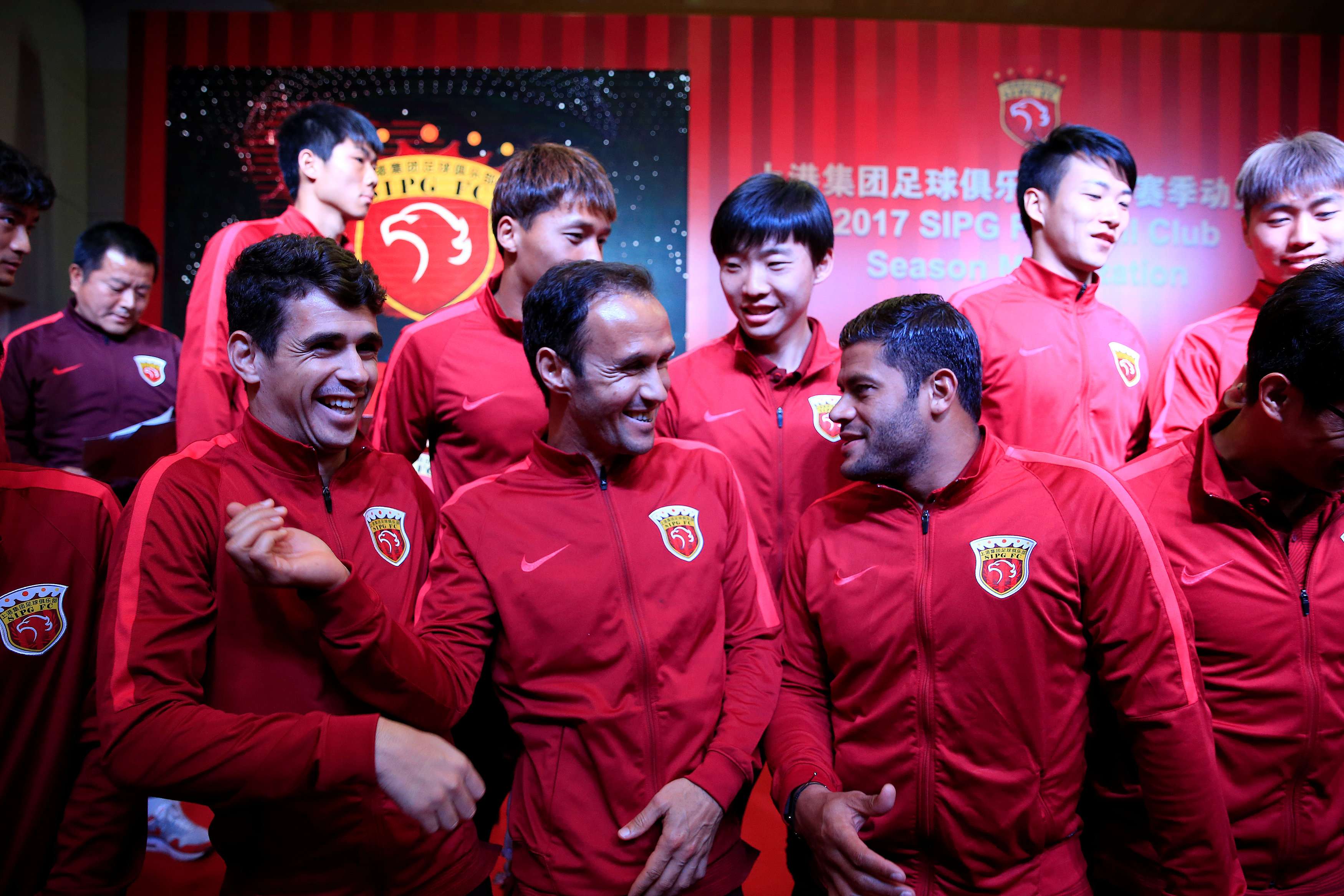 Brazilian and Portuguese soccer players attend the 2017 SIPG Football Club's season mobilisation of the Chinese Super League in Shanghai on February 13, 2017. Photo: Reuters