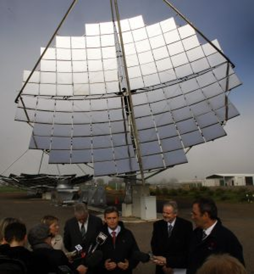 Former premier John Brumby in front of a Silex solar test facility at Bridgewater in 2010. The company's promised plant near Mildura was never built. Photo: Paul Rovere