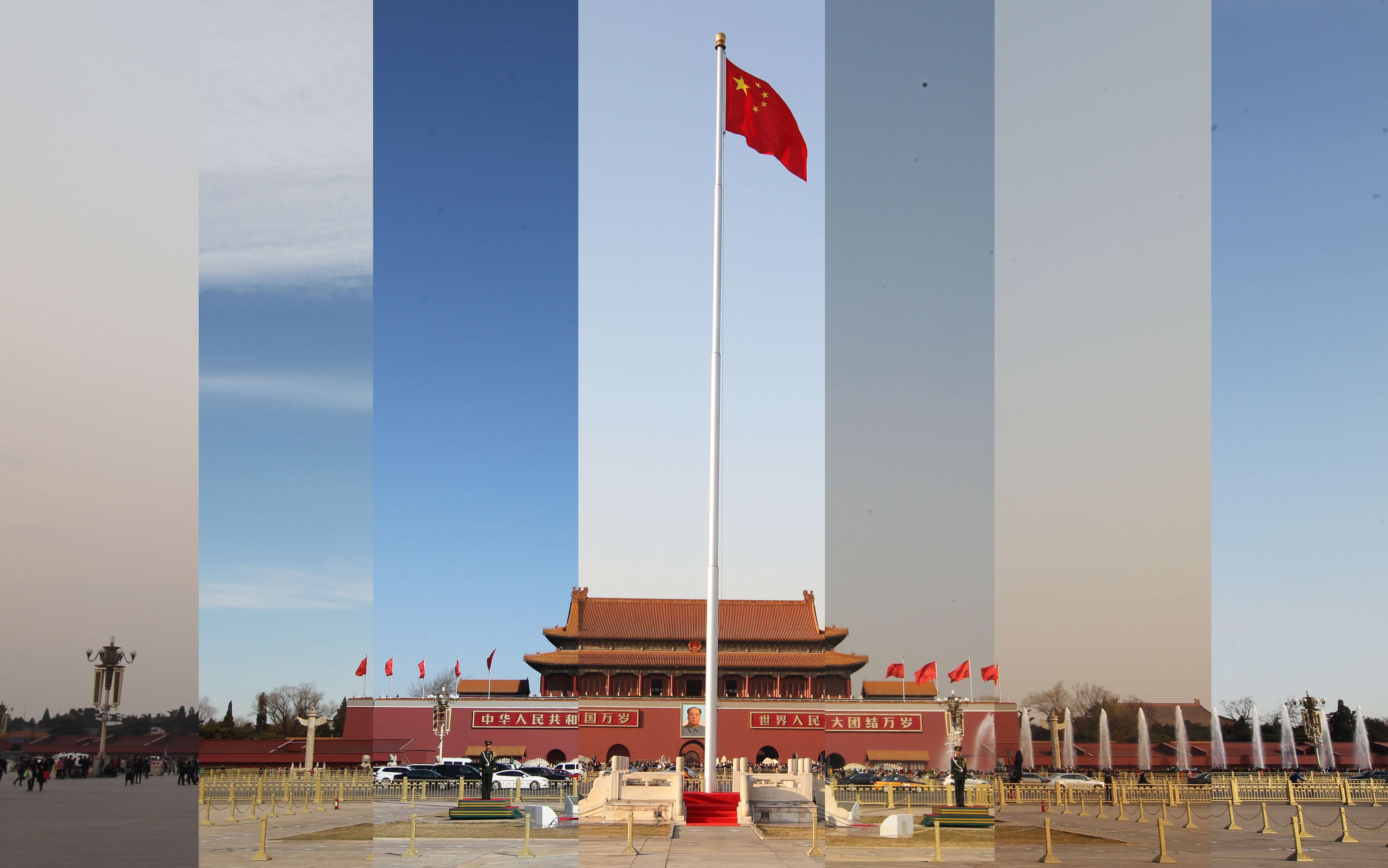 A combination photo shows the weather conditions respectively on (from left) Feb 27, Feb 28, Mar 01, Mar 02, Mar 03, Mar 04, and Mar 05, in Tiananmen Square in Beijing. Photo: Simon Song