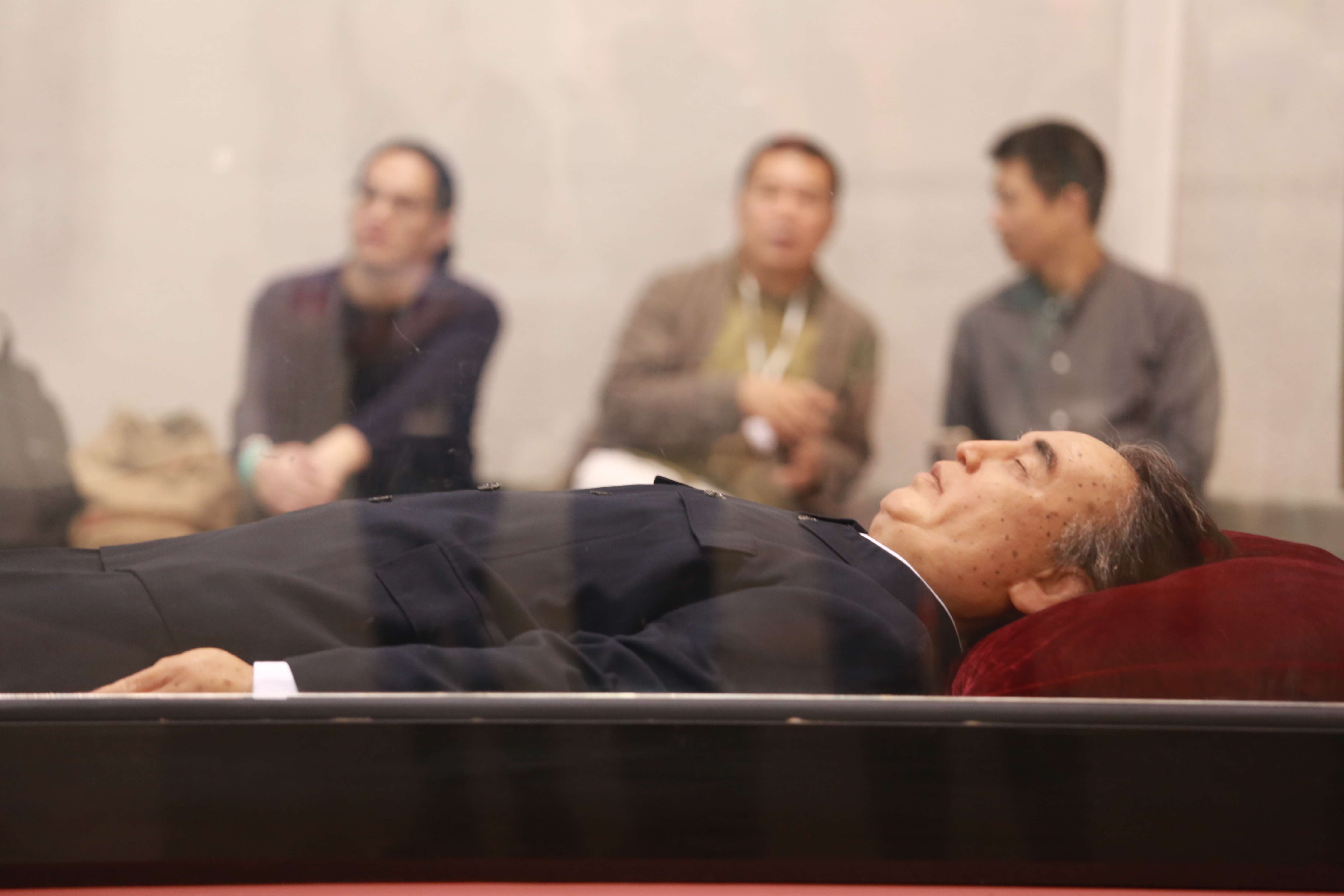 Detail from Shen Shaomin’s installation Summit (2009), showing the corpse of Kim Il-sung in a crystal coffin, at Art Basel Hong Kong. Photo: May Tse