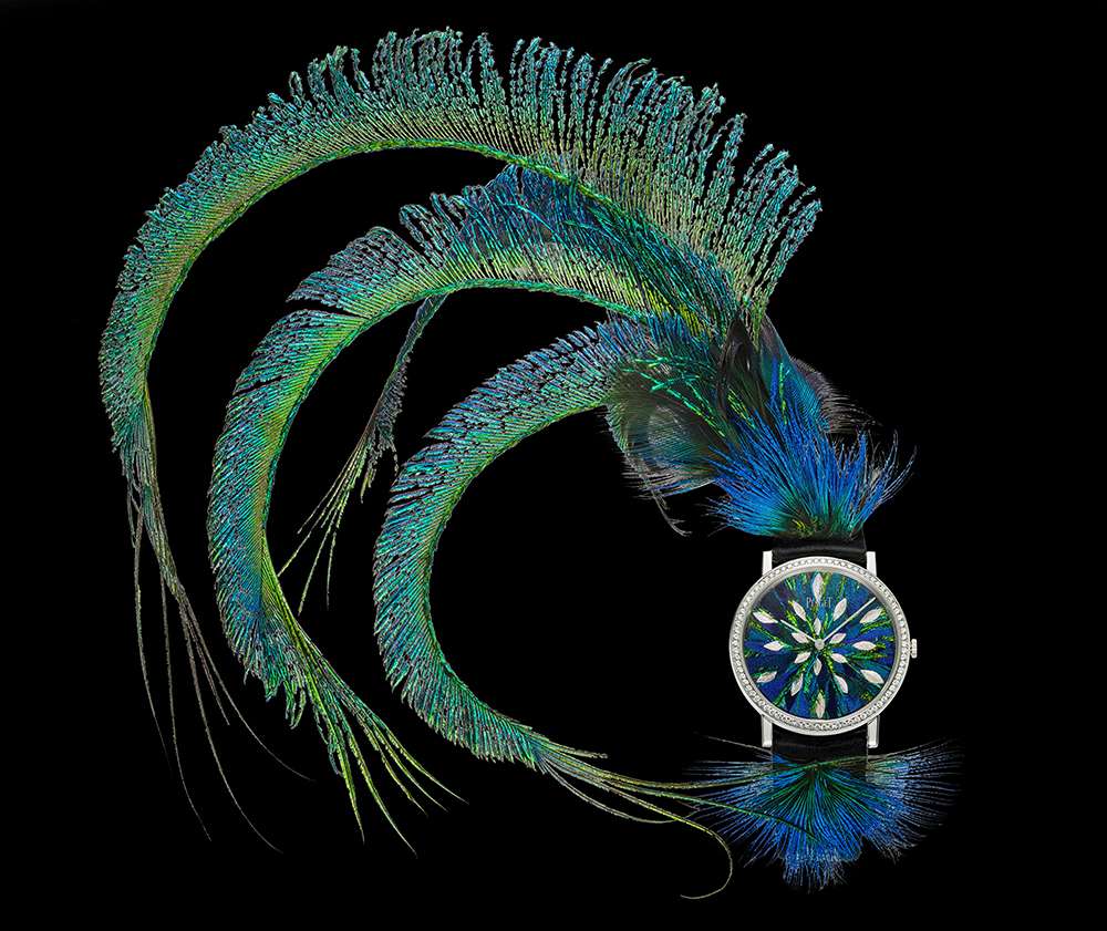 Piaget Feather Marquetry creates the illusion of a peacock in haute couture.