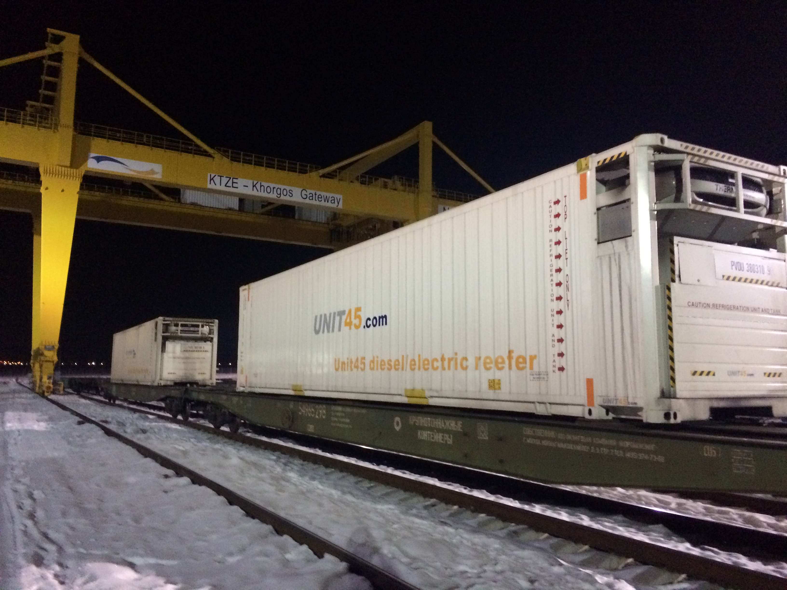 Independently fuelled, climate-controlled Unit45 Smart containers roll into Khorgos Gateway, on Kazakhstan’s border with China.