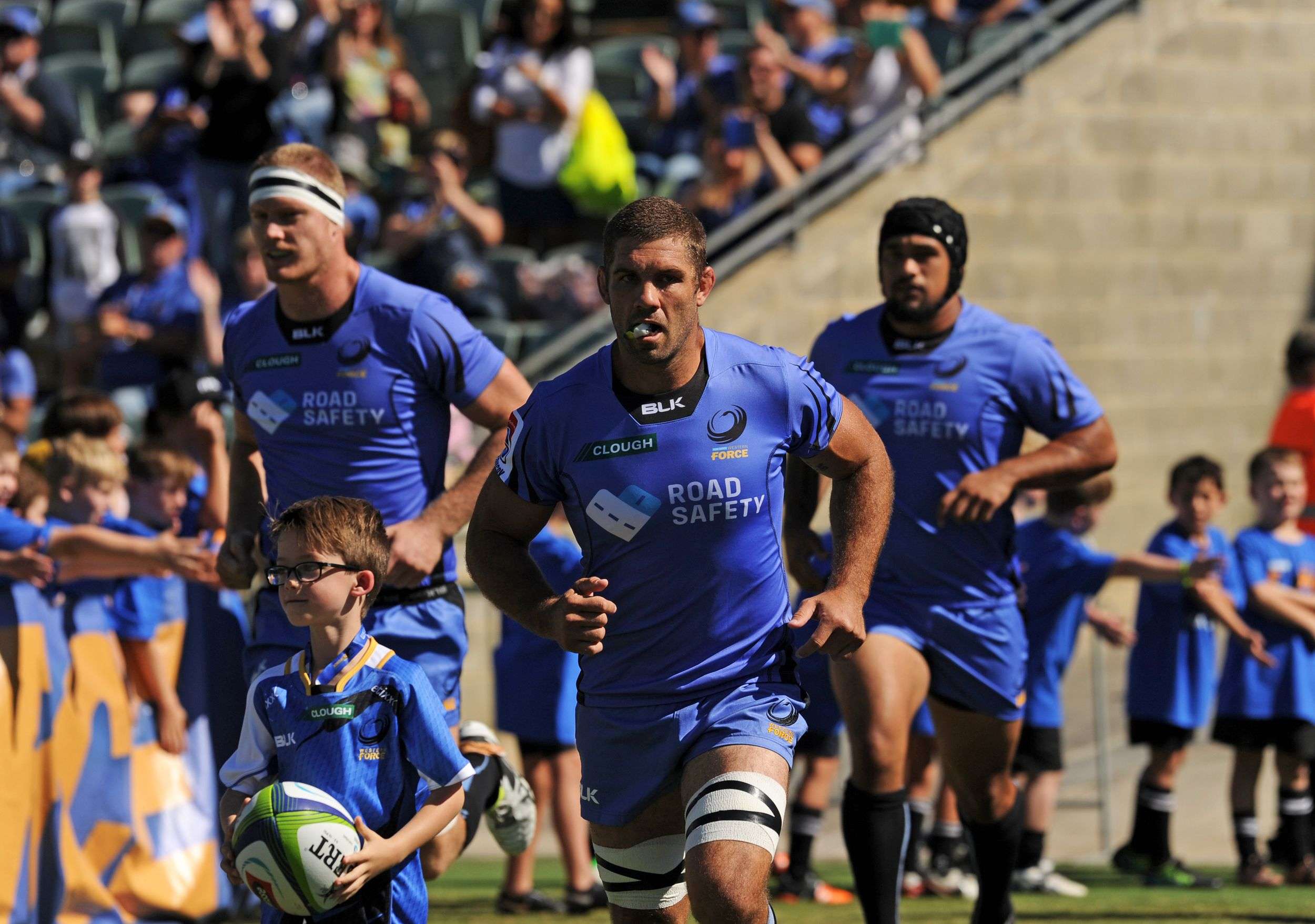 Western Force captain Matt Hodgson (centre) leads his team out against South Africa’s Southern Kings in Perth. Photo: AFP