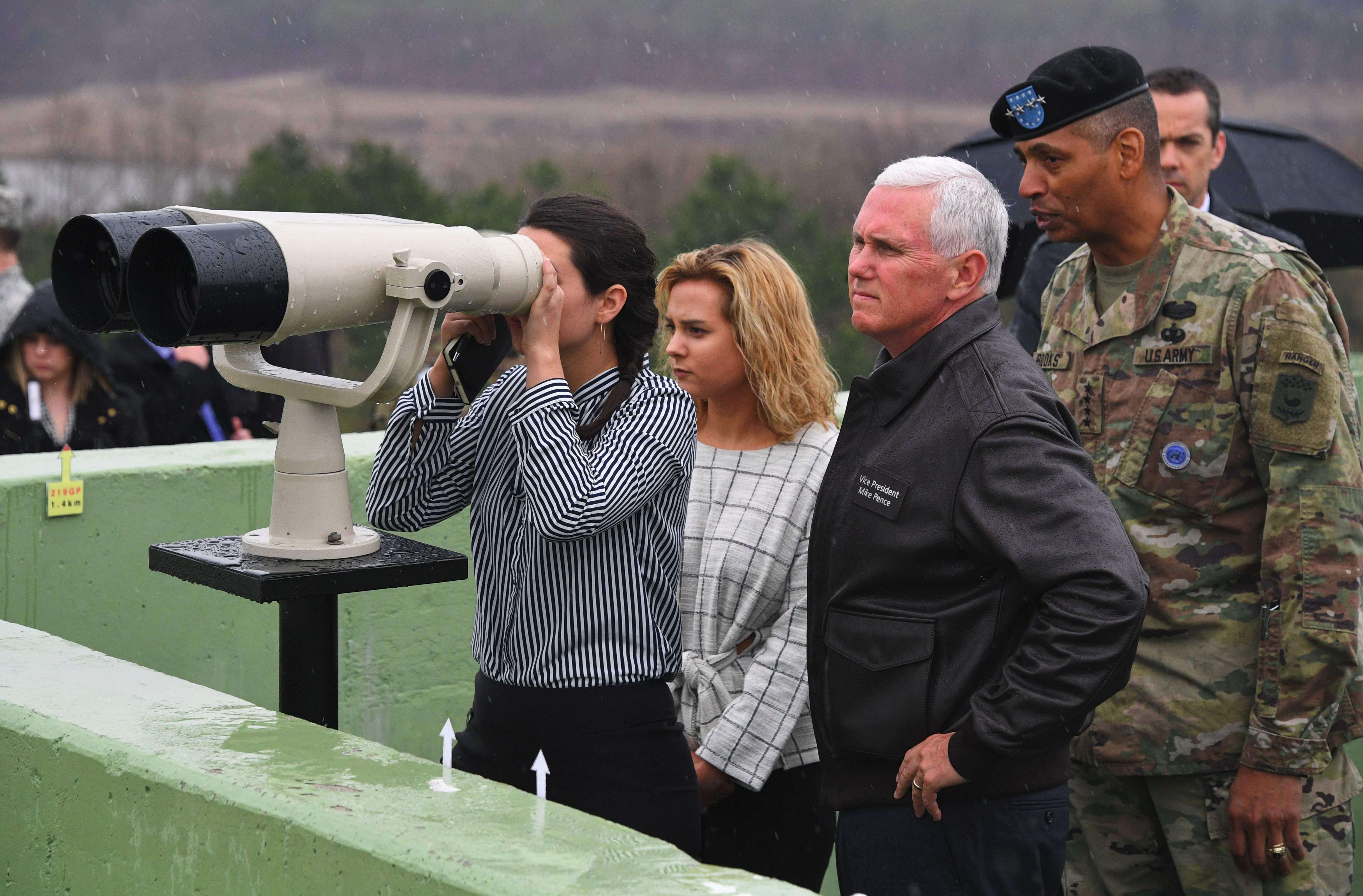 US Vice-President Mike Pence and his daughters visit an observation post near the truce village of Panmunjom in the Demilitarised Zone on the border between North and South Korea, on April 17. Photo: AFP