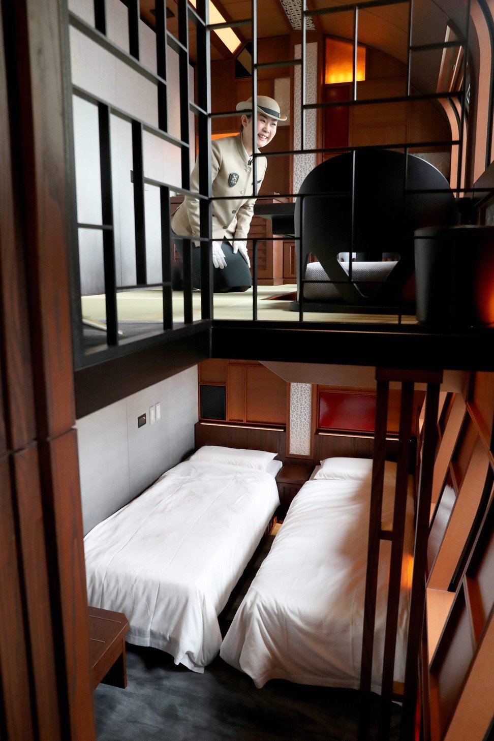 The Shiki-Shima Suite of the Train Suite Shiki-Shima. The train has only 17 cabins, all suites, and the most expensive room, known as Shiki-Shima Suite, is priced at 950,000 yen (US$8,480) per person when shared by two people. Photo: AFP