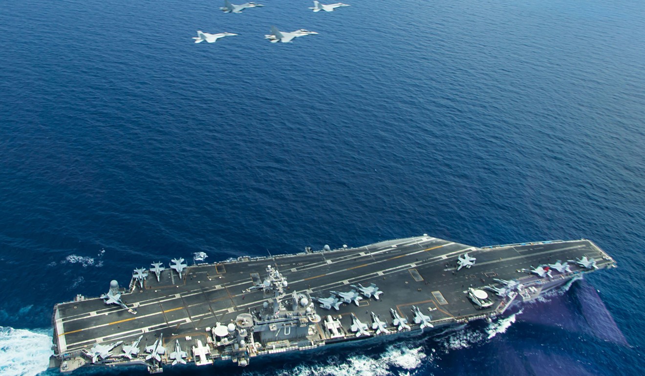 The US Navy’s Nimitz-class supercarrier Carl Vinson operates in the South China Sea with US and Malaysian fighter aircraft during a bilateral exercise. Photo: AFP