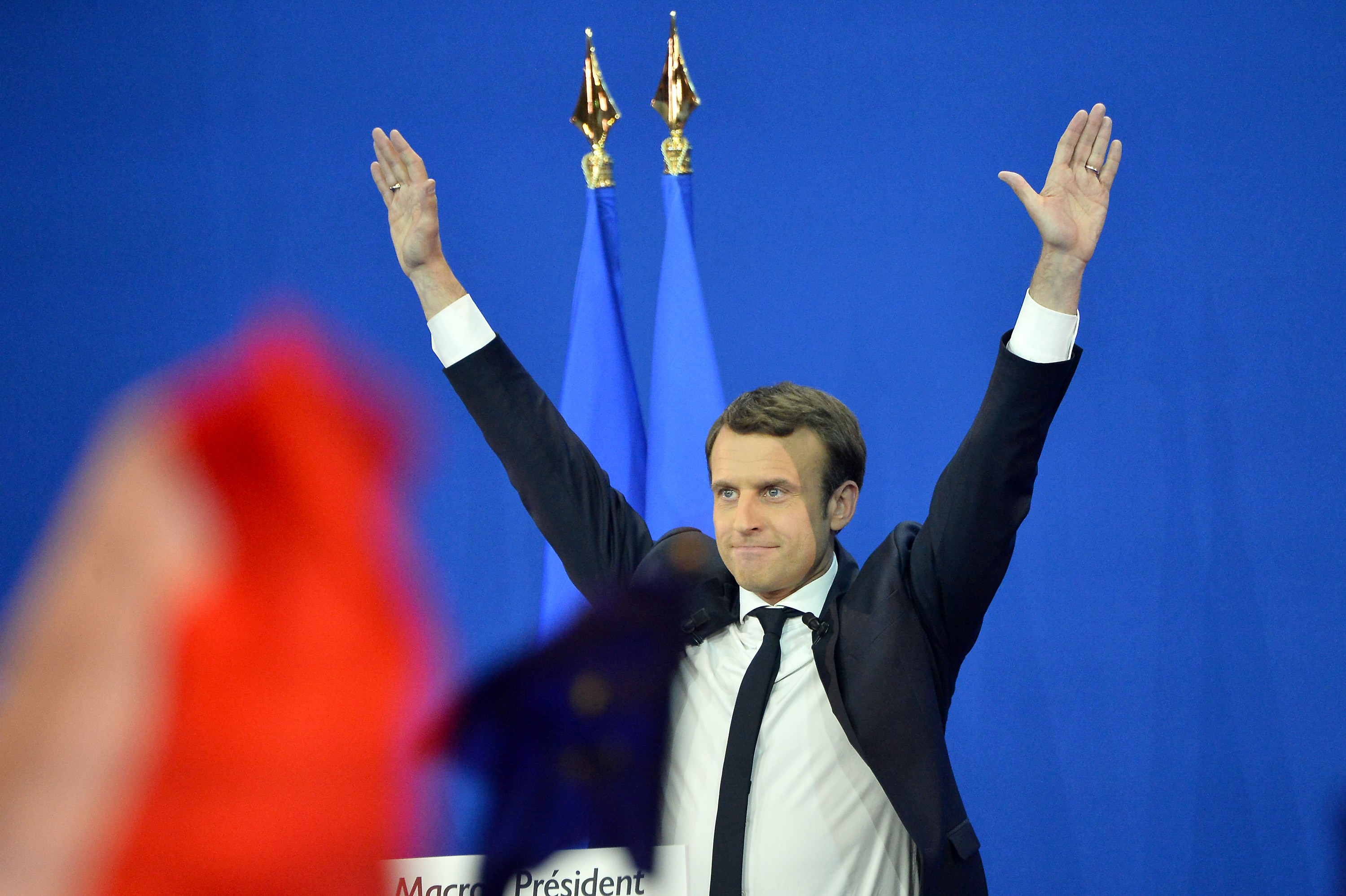 Emmanuel Macron pictured at a rally after his success in the first round of the presidential vote last month. Photo: Xinhua