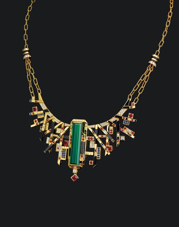 Chow Tai Fook’s “Le Labyrinthe Artistique” high jewellery collection: Necklace with a large rectangular green tourmaline as the centre stone, accented with other coloured gemstones and diamonds.