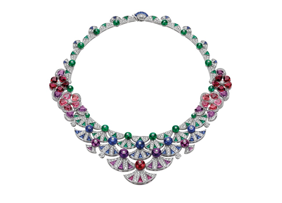 Bulgari’s Divas’ Dream “Eleganza” necklace features a fanciful combination of pink tourmaline, deep red rubellite and purple amethyst, accented with buff-top sapphires and emeralds in brilliant colours.