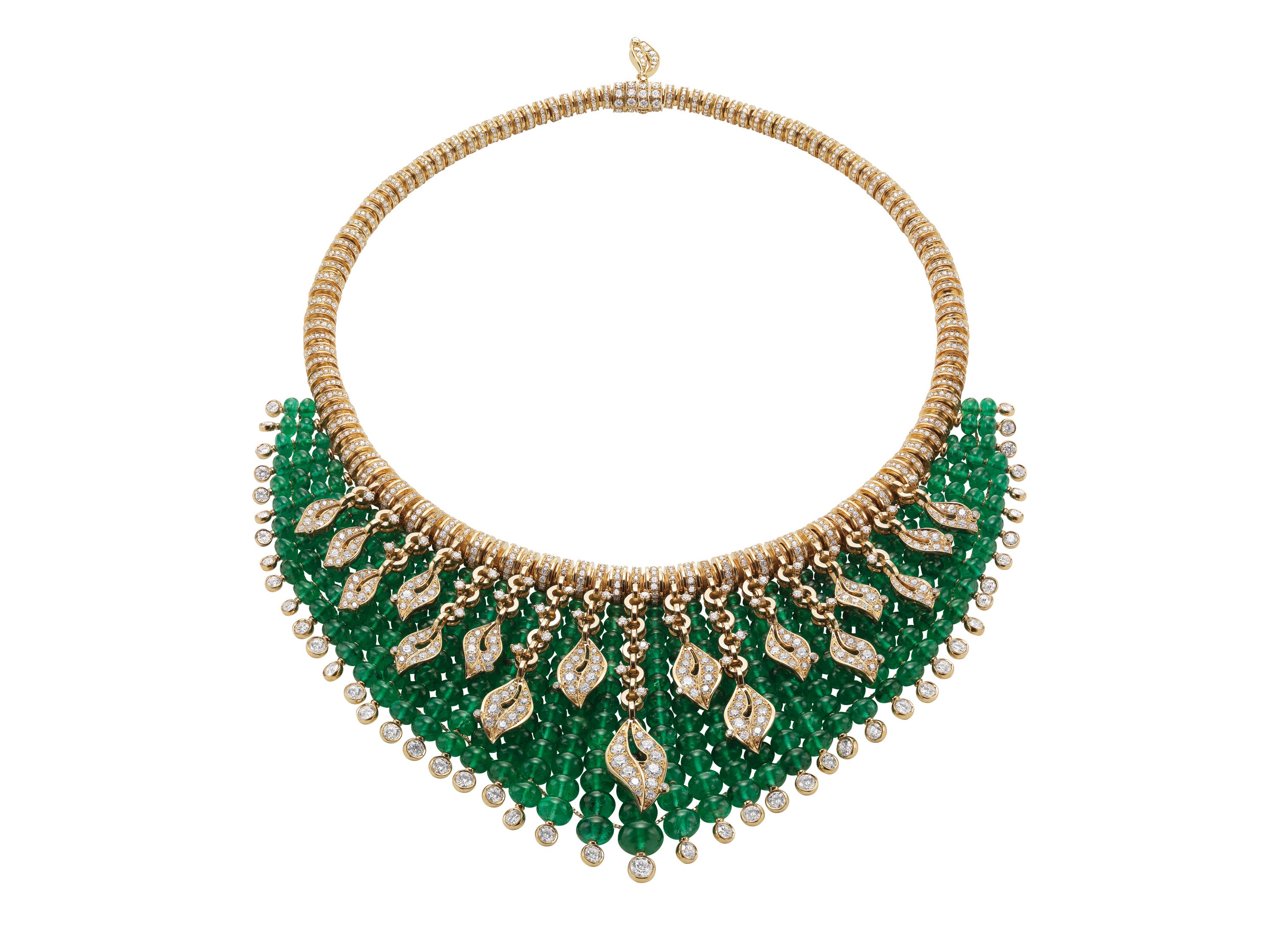 Giardini tialiani necklace made with 347 round emerald beads (total 245ct) and complemented with diamonds