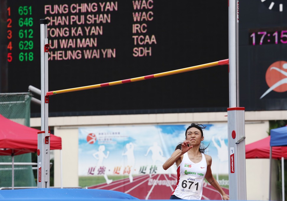 Cecila Yeung Man-wai about to jump in Wan Chai on Sunday. Photo: Jonathan Wong