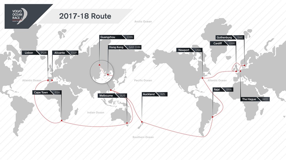 The latest version of the Volvo Ocean Race 2017-18 Route Map. The route will see the boats race three times more Southern Ocean miles than in recent editions, visiting 12 cities around the globe.