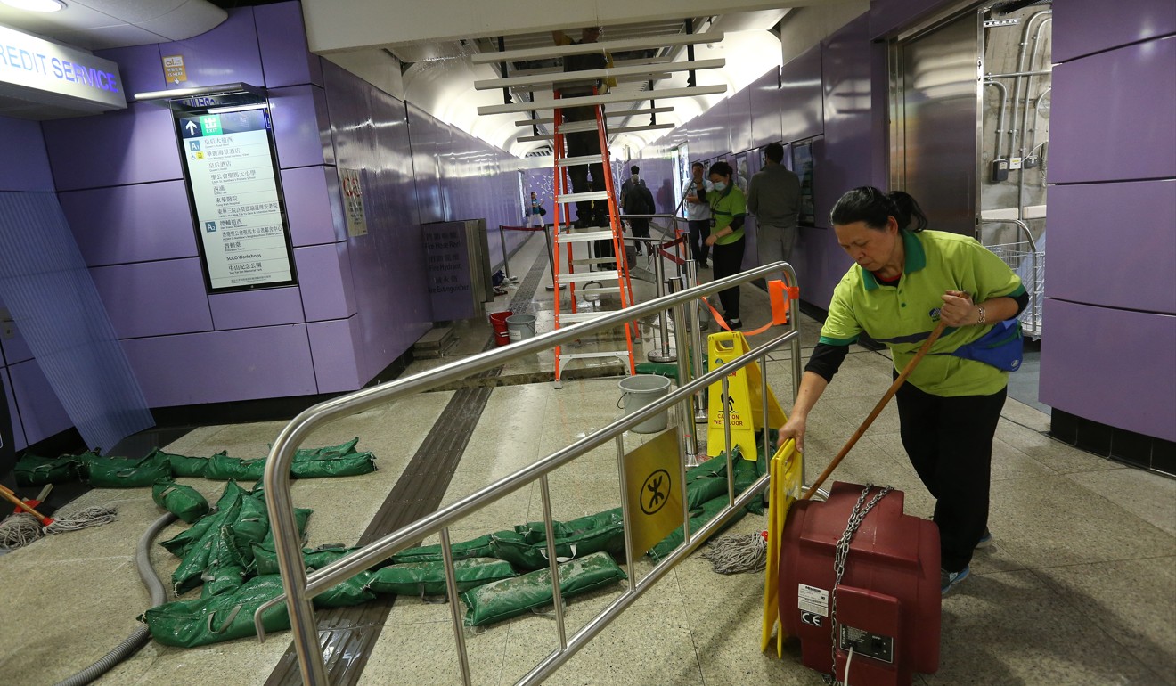 In February, a burst water pipe caused flooding inside the Sai Ying Pun MTR station. The authorities have implemented a 15-year project to replace and rehabilitate 3,000km of aged water mains to prevent water leakage. Photo: Dickson Lee
