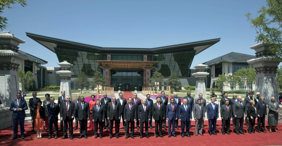 National leaders gather for a group photo session in Beijing on May 15 during a two-day meeting called the Belt and Road Forum for International Cooperation. Photo: Kyodo