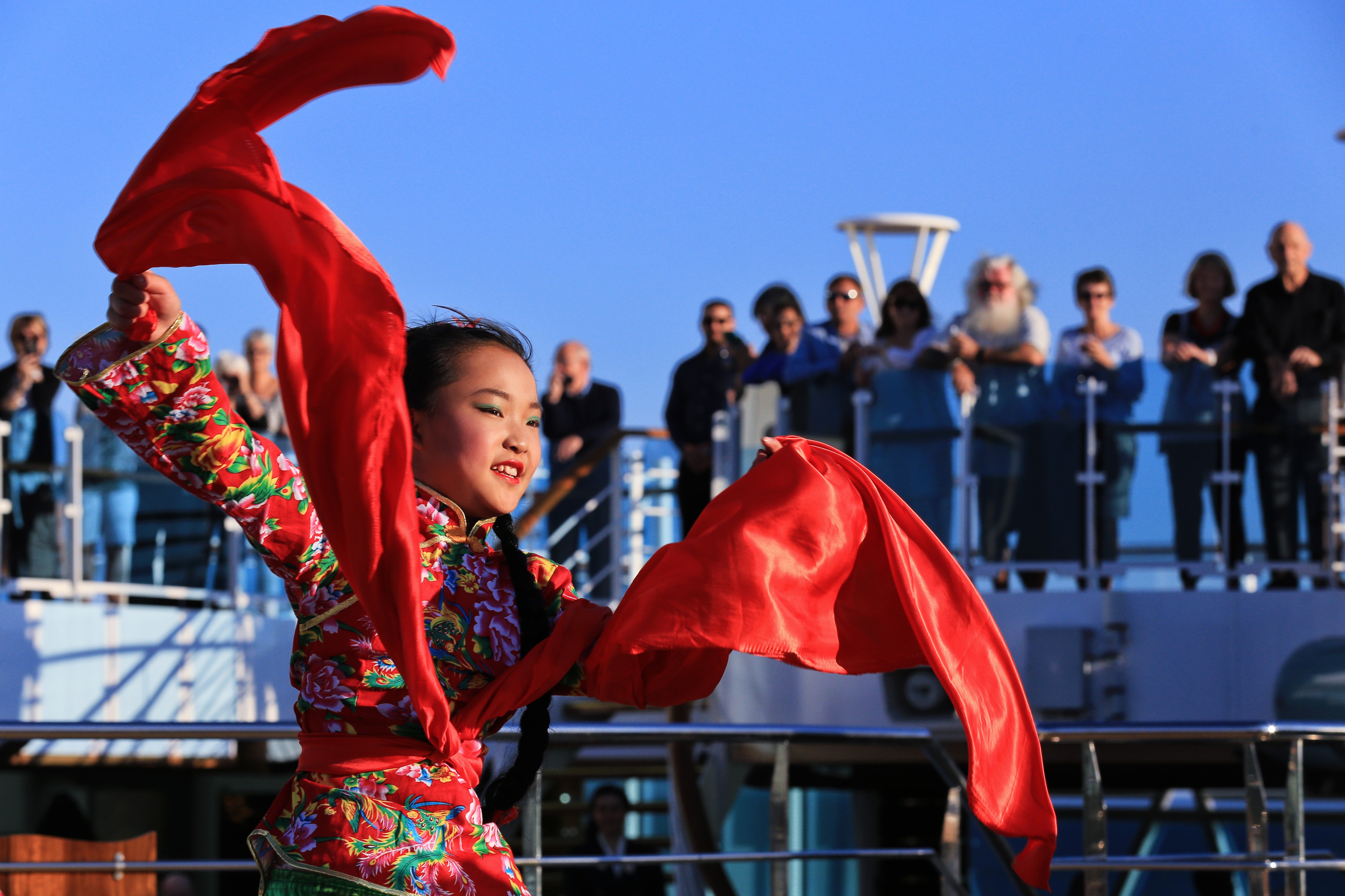 A girl performs a folk dance during the opening ceremony of the “Silk Road Stories” programme on board the Majestic Princess cruise ship in Rome, Italy, on Sunday. Photo: Xinhua