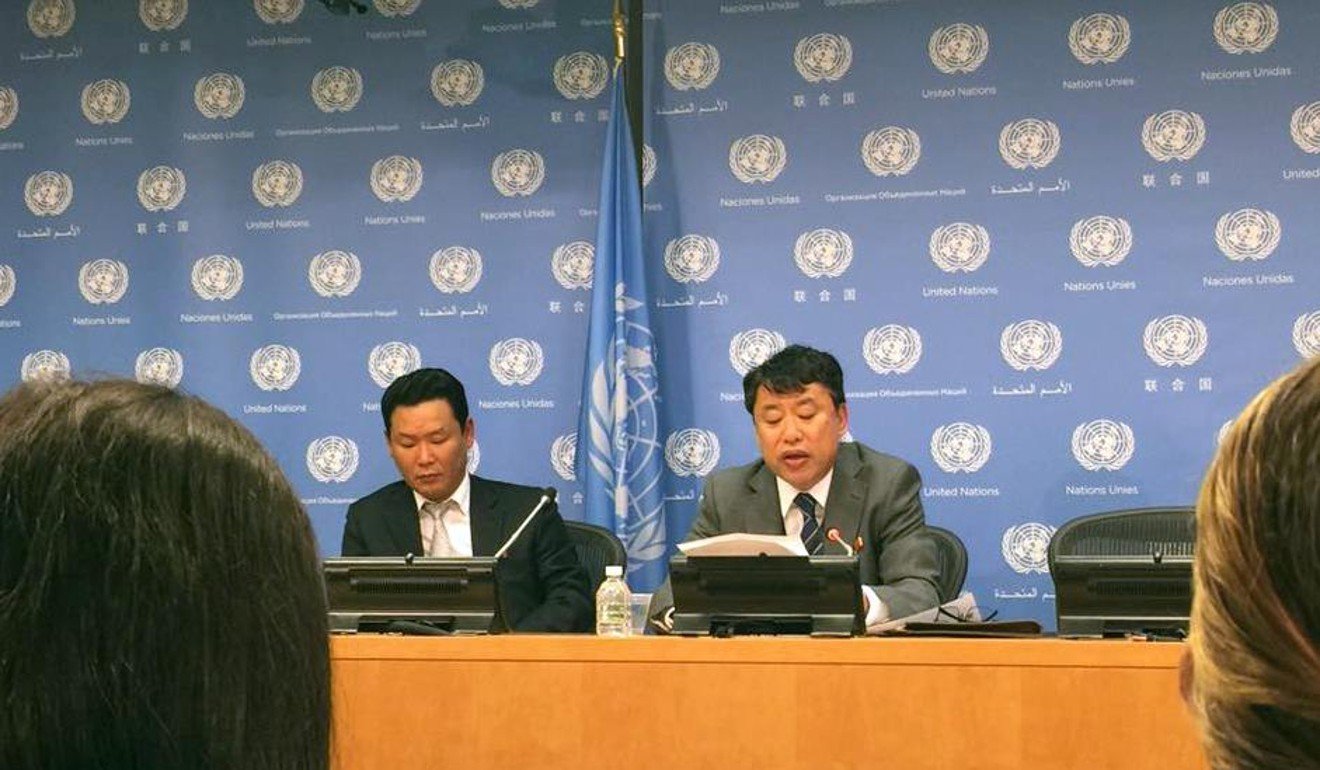 Kim In-ryong, North Korea’s deputy permanent representative to the United Nations, spoke to the media at UN headquarters in New York today. Photo: Robert Delaney
