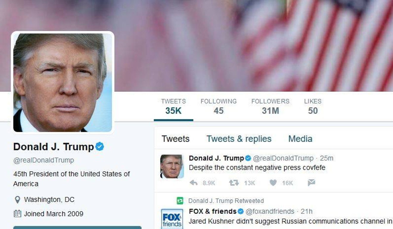 The bizarre garbled tweet that posted on Donald Trump’s personal account. Photo: Twitter