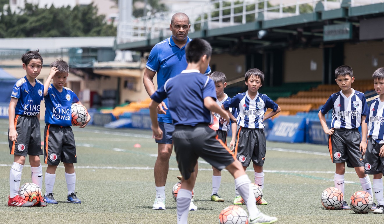 Mark Bright takes part in a children’s training session at the launch of the Premier League Asia Trophy 2017 at the Hong Kong Football Club. Photo: Premier League