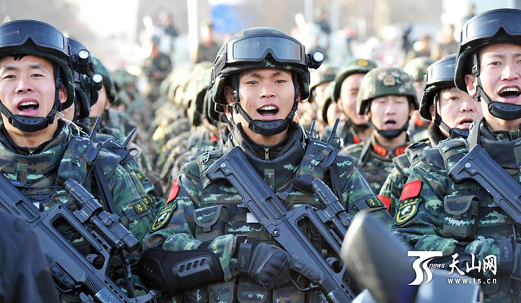 An anti-terror exercise by security forces in Xinjiang in February. Xinjiang’s location has always made Beijing vigilant about its security and apt to respond with a heavy hand to outbursts of anti-state violence or unrest. Photo: Handout