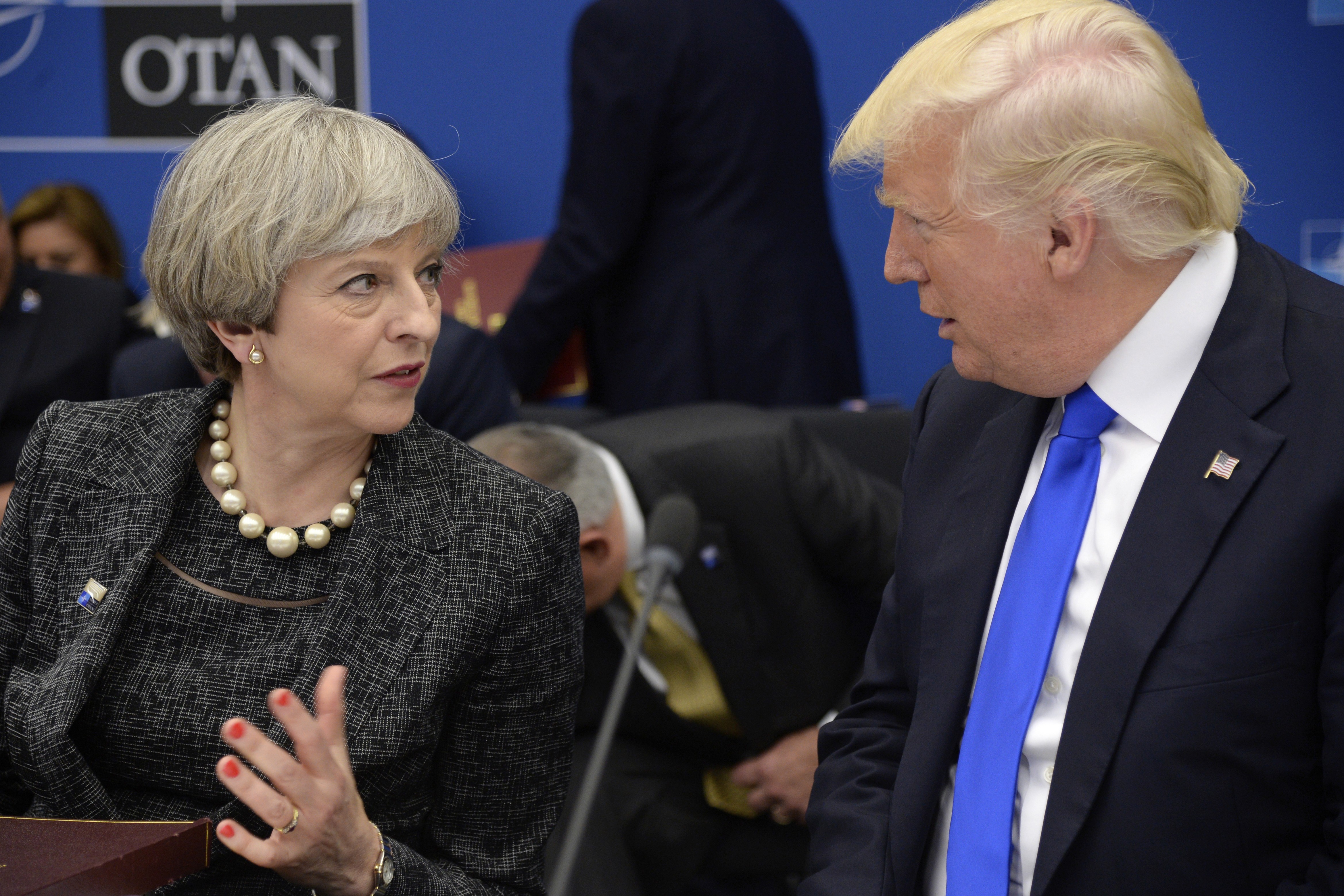 British Prime Minister Theresa May and US President Donald Trump at a working dinner during the Nato summit of heads of state and government, in Brussels on May 25. Photo: AP