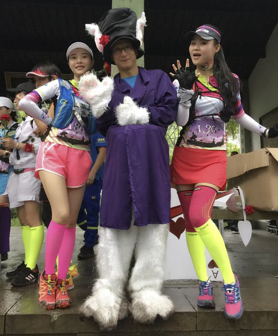 Male pacers are dressed as rabbits for the Alice Wonder Trail event. Photo: Da Shu